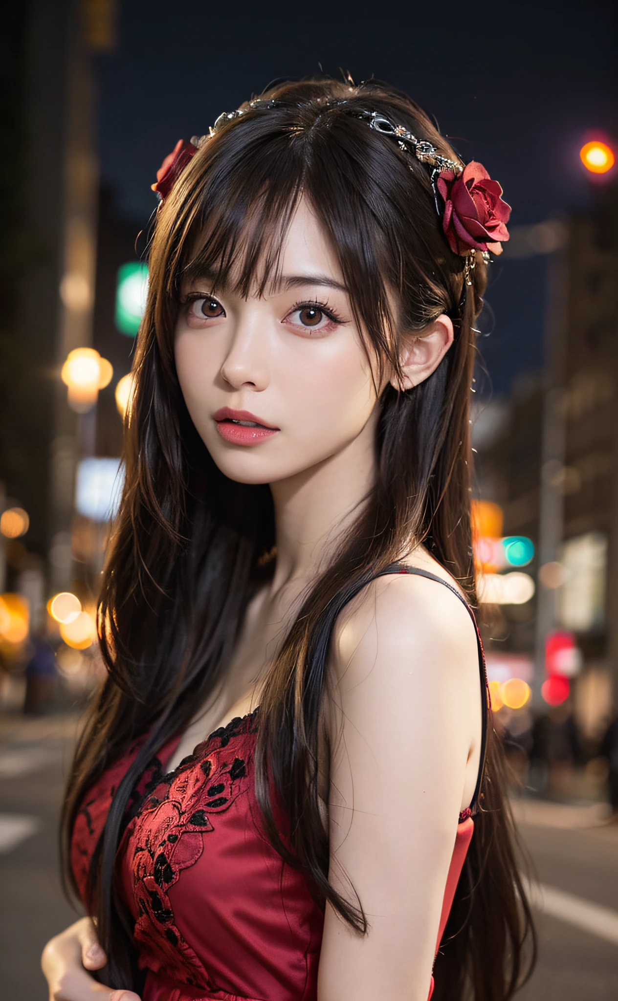 1girl, Tokyo street,night, cityscape,city lights, upper body,close-up, 8k, RAW photo, best quality, masterpiece,realistic, photo-realistic,headgear of red rose, parted bangs, long hair,