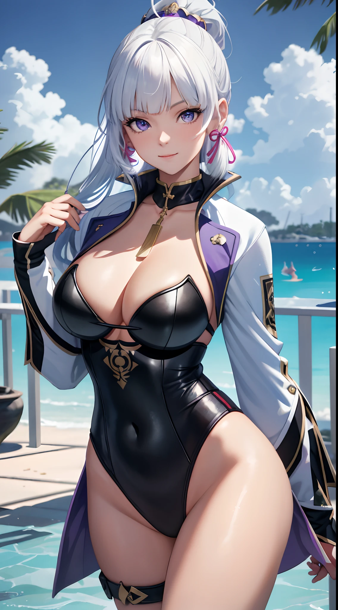 tmasterpiece，best qualtiy，white color hair，Purple eye，sportrait，realisticlying，Wallpapers，painting of a，Large breasts，cleavage，ssmile，looks into camera，Blackn clothes。perfect bodies，Close-up shot，cleavage，beachside，swim wears，The bird，​​clouds，Full body photo