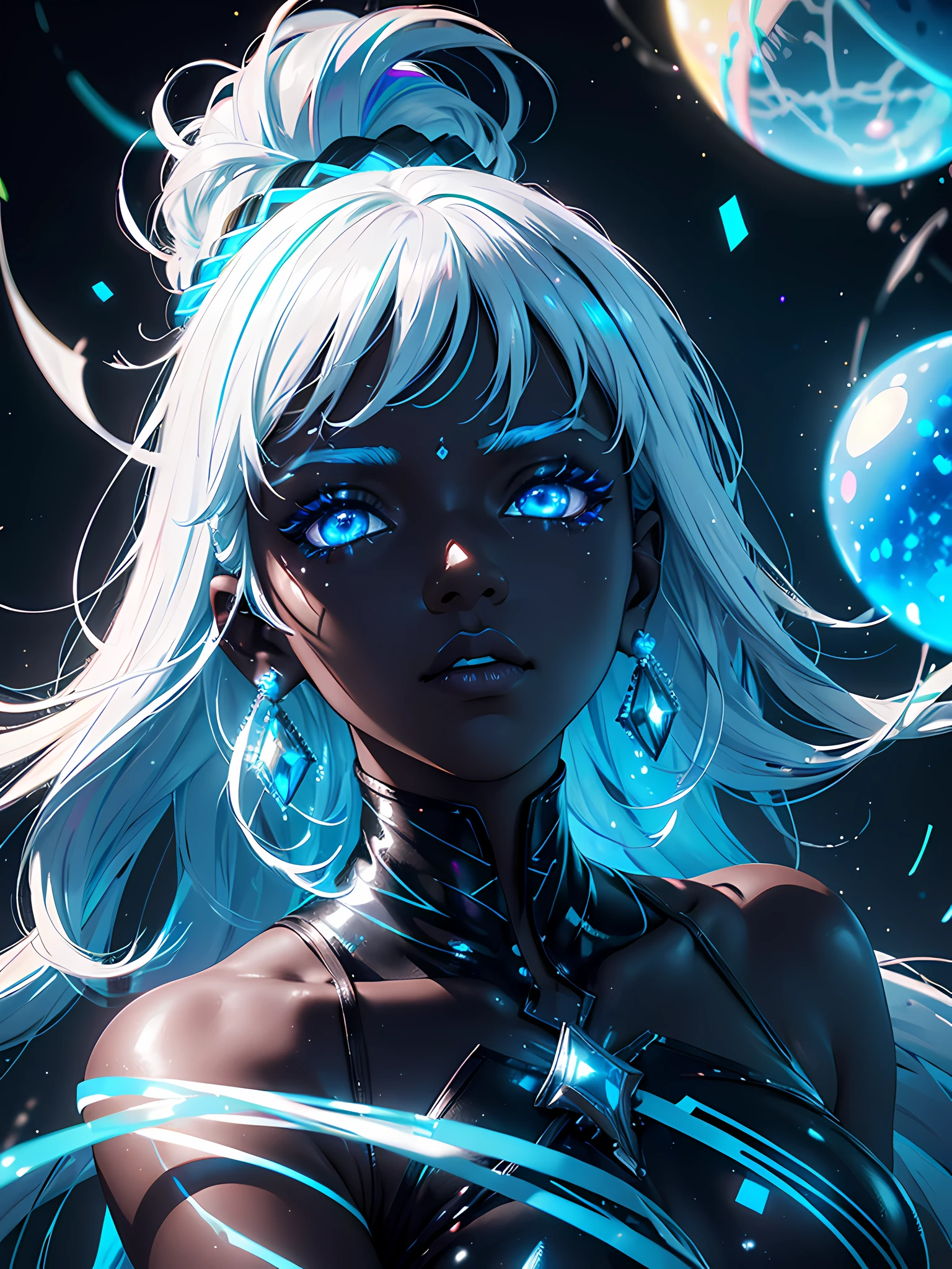 ((perfect whole body)), ((ultra photorealistic)), Top quality, ((Photorealistic)), 8K, High Definition, Unity 8K wallpaper, high res, ultra sharp, ((masterpiece)), best quality, ((intricate details)), (((detailed eyes))), (((perfect face))) (((detailed face))), masterpiece, highly detailed exquisite character art, melancholy lighting, ((cinematic light)), ultra-realistic, female goddess of glass, shattered glass, intricate design, neon iridescent clothing, plastic, neon glitter, confetti, (((black skin))), black complexion, (dark complexion), dark skin, neon blue eyes, white hair with light blue highlights, white lipstick, glass ball, glass orb, blue earrings, deity, neon lights, glass particles, white eyelashes,