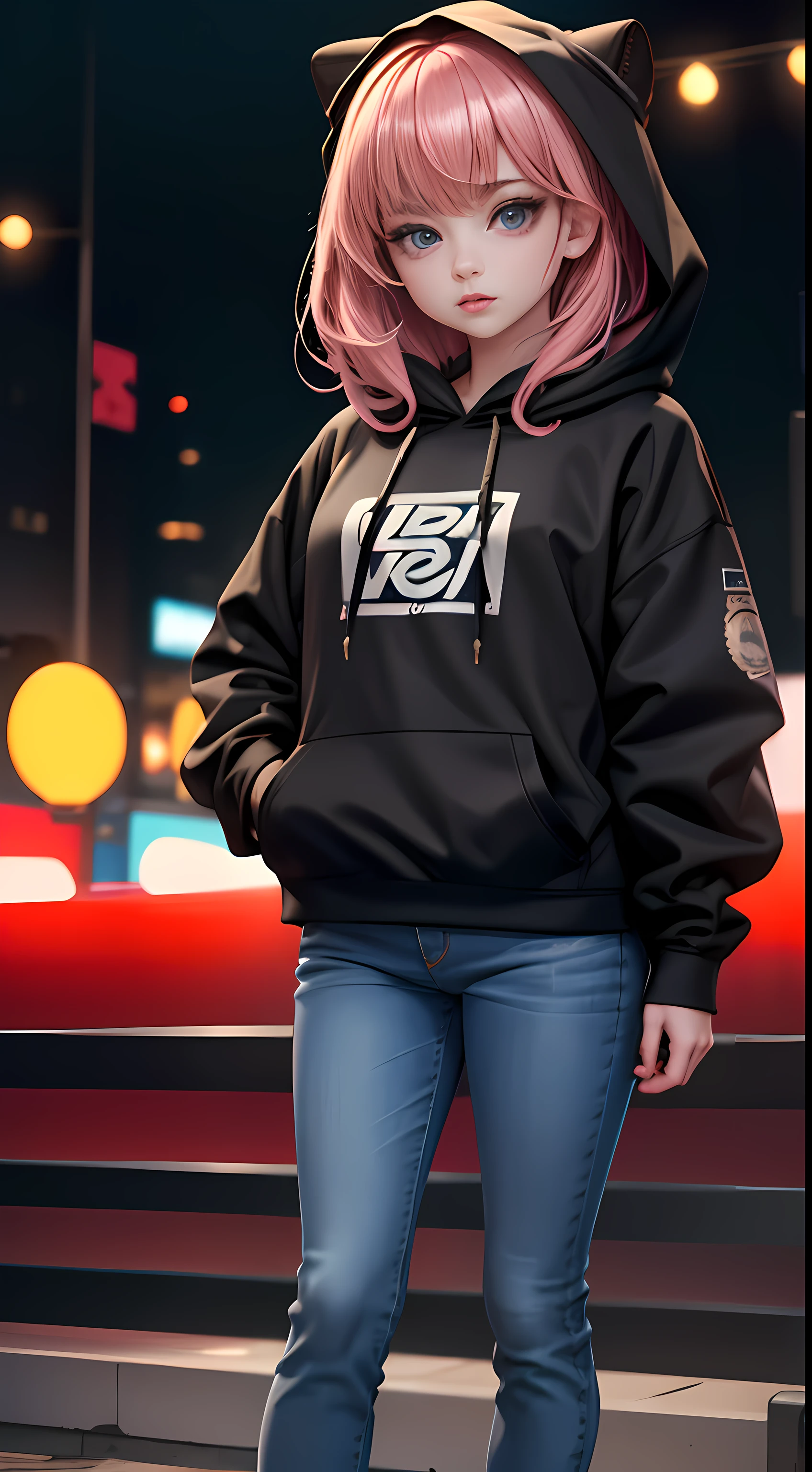 Masterpiece, (best quality,highres), full body shot, Anya forger, wearing Streetwear Hoodie, black jeans, detailed eyes, detailed lips, hair texture, soft background, vivid colors, dinamic lighting, bokeh