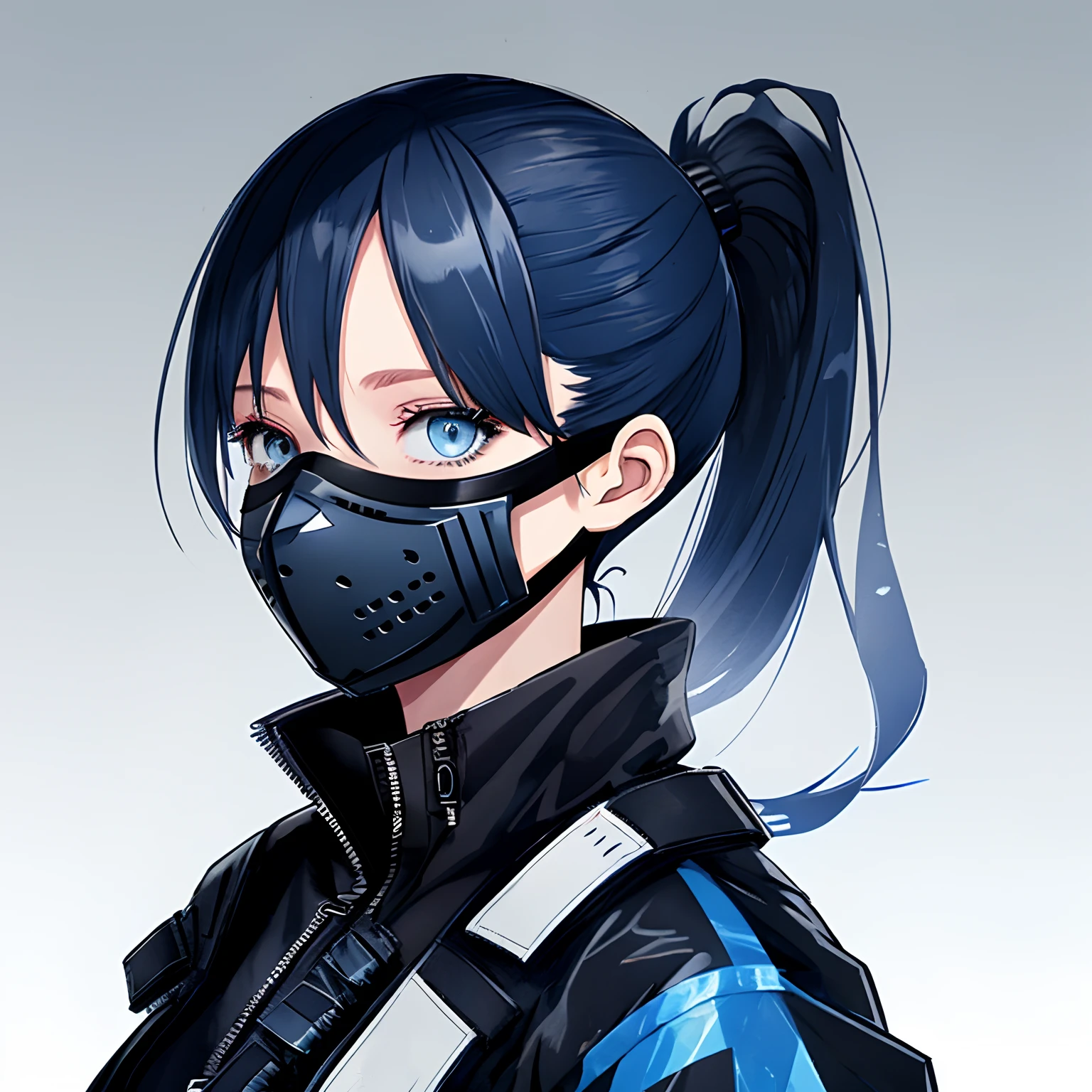 Techwear, blue eyes, ponytail hair, mask