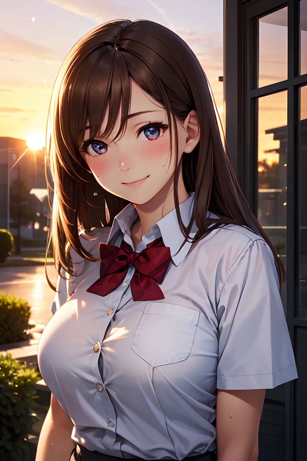 (High quality, High resolution, Fine details, Realistic), campus, evening, setting sun shines, solo, School uniform, woman, light brown hair, tilt head, sparkling eyes, Detailed eyes, smile, blush, Large breasts, Sweat, Oily skin, Shallow depth of field