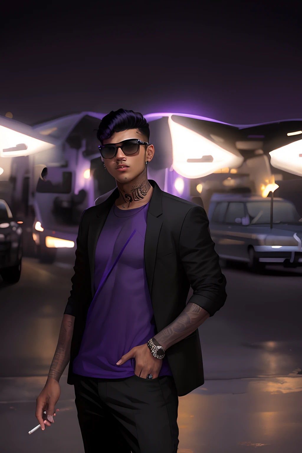 A gangster boy with cigarette,slim body, tattoos,black hairstyle, sunglass,black shirt,black pant, purple background, don't change face, 8k, high resolution,high quality