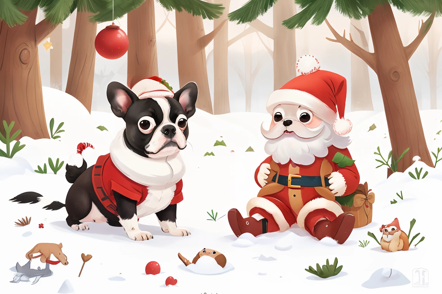 boston terrier in a santa costume, snow, snowflakes Santa workshop, outside in snow, cartoon, t shirt graphic,