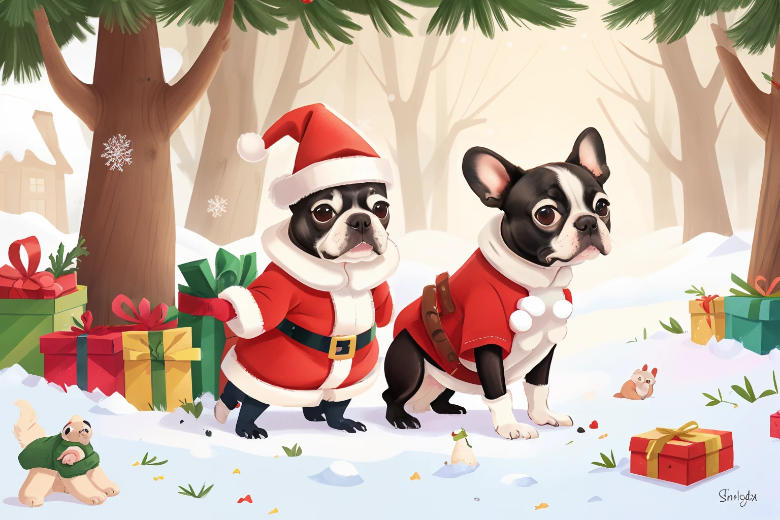 boston terrier in a santa costume, snow, snowflakes Santa workshop, outside in snow, cartoon, t shirt graphic,