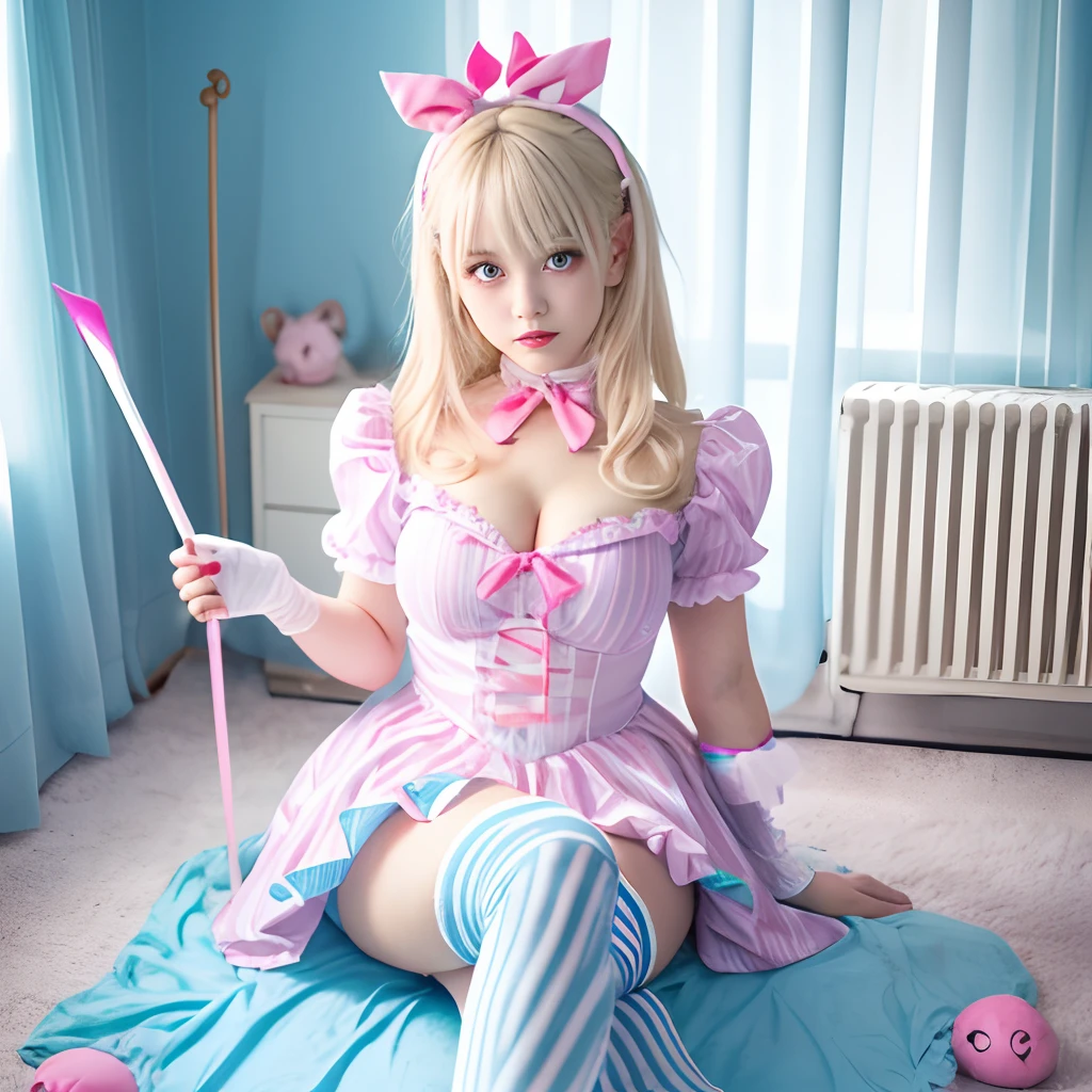 Dark fairytale girl idol、large full breasts、beautiful foot、、、Good Style、Alice in Wonderland Costume(Pastel Light Blue)、、White tights、、Idol face、Bright blonde hair、Striped knee socks、Scary room covered in fluorescent pink paint