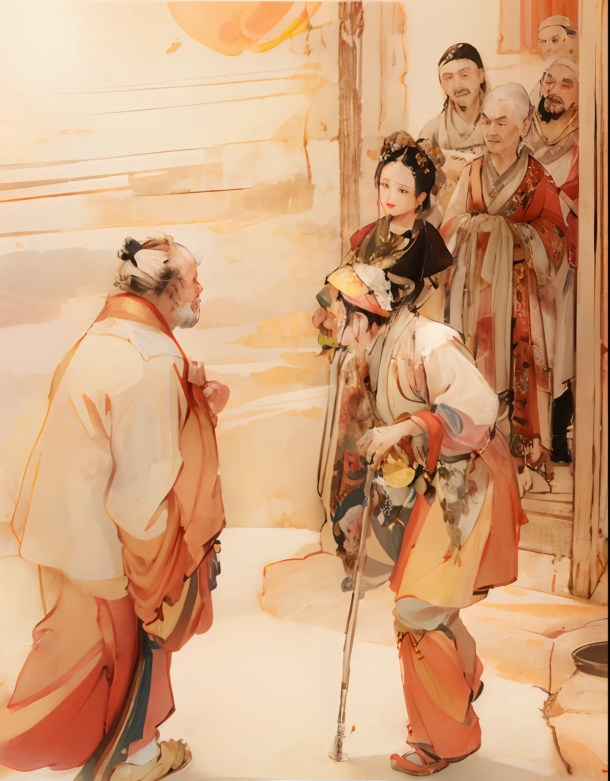 Painting of six men standing next to a woman in a dress,An old man on crutches,chinese brush pen illustration,k hd,elaborate faces,period costume,plethora of colors