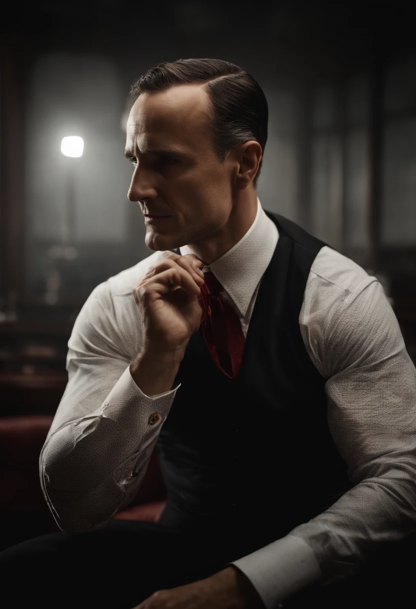 Retrato de Napoleon Hill vestindo terno preto, camisa branca e gravata vermelha. CGI, melhor qualidade, Kinematic