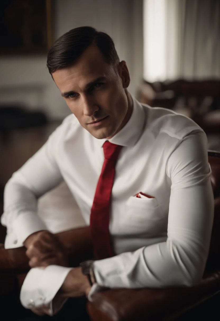 Retrato de Napoleon Hill vestindo terno preto, camisa branca e gravata vermelha. CGI, melhor qualidade, Kinematic