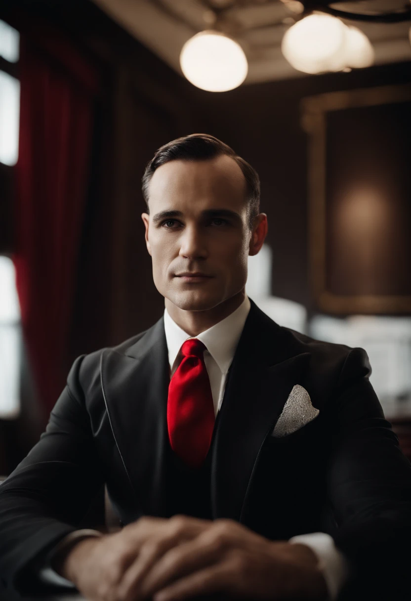 Retrato de Napoleon Hill vestindo terno preto, camisa branca e gravata vermelha. CGI, melhor qualidade, Kinematic