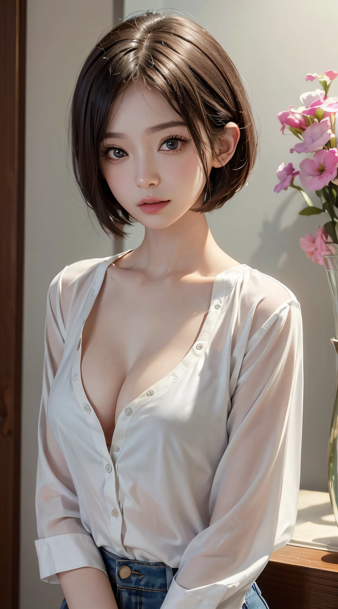 (a closeup:1.4)、(RAW Photography:1.2)、(Photorealsitic:1.4)、(masterpiece:1.3)、(top-quality:1.4)、one girls、(Slender and beautiful girl)、(FULL BODYSHOT)、独奏、cute little、(buttoned shirt、open-shirt:1.2)、see -through、no-bra、Beautiful collarbone、(large full breasts:1.2)、beauty breast、(cleavage of the breast)、(beautiful nipple slips)、(Short Bob:1.2)、Look at viewers、Light smile、makeup、obscenity、erotick、