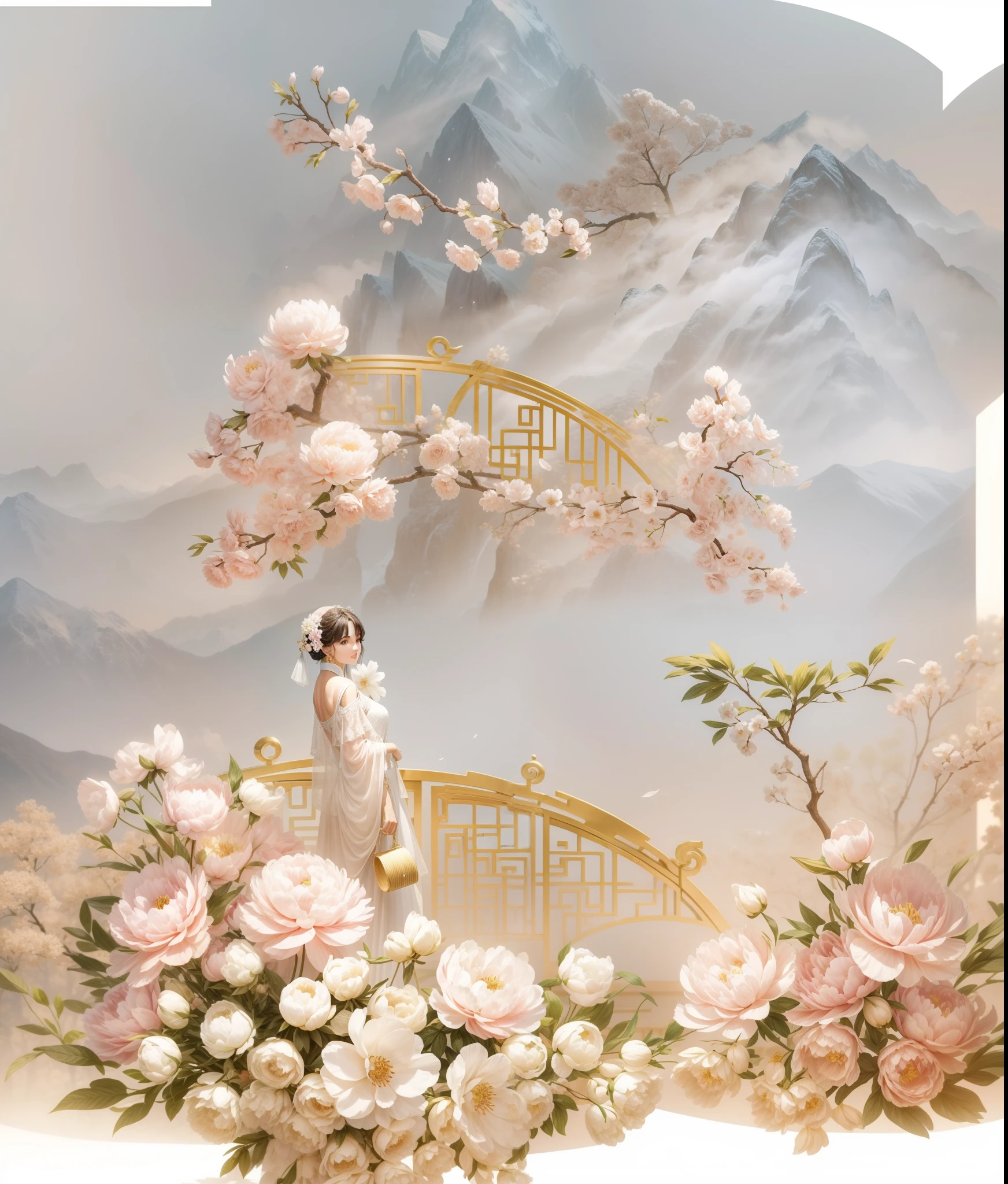 (China - chic peony flowers,Elementos Orientais),(China - Fashion illustration:1.5,imagem vetorial:1.5),(Cor chinesa,Senior Color Matching,planos de fundo gradiente,Backgrounid branco),(Very detailed,Reasonable design,linhas claras,Alta nitidez,melhor qualidade,tmasterpiece,Arte Oficial,efeitos de luz do filme,4k)