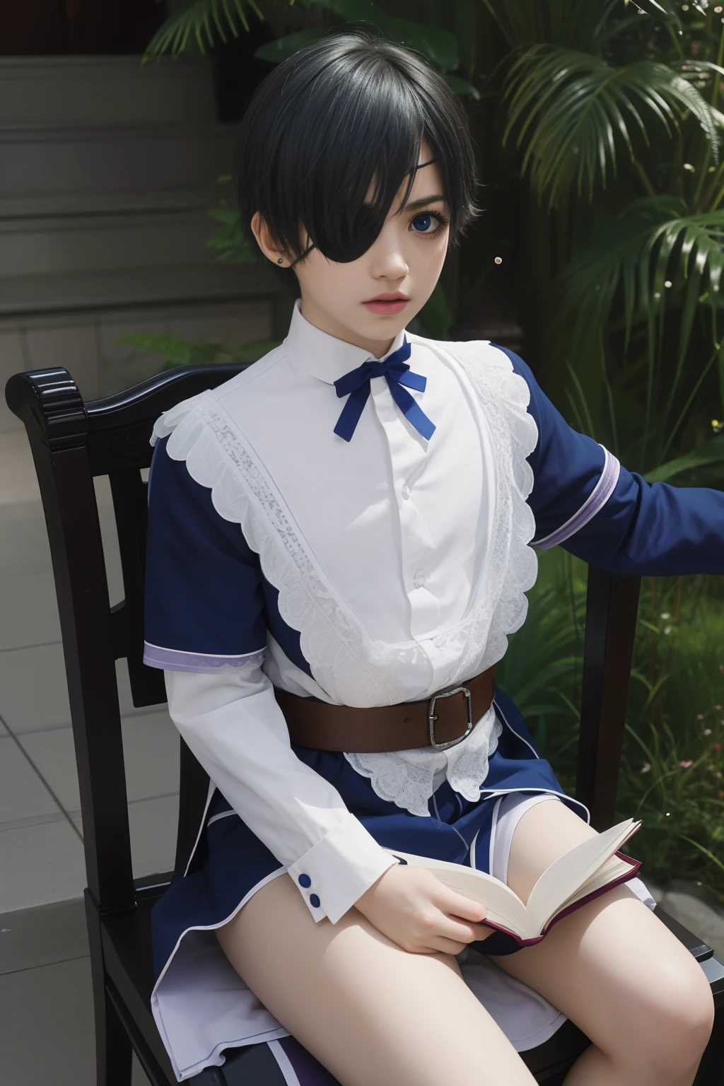 (Best Quality,4k,8k,highres,巨作:1.2),A highly detailed,(Realistic,Realistic Photos,Realistic Photos:1.37),portrait,anime,Phantomhive Sky,boy,10 years old,,dark hair,Intense look,pale skin,Royal Uniform,Classic Victorian style,Stylish clothes,Feather has,Golden accents,deep blue eyes,Purple eye patch,Detailed lashes,exquisite facial features,serious expression,Confident position,Stand in majestic,Sit down to read a book, Dramatic shades,Invisible lens glow,vibrant colours,Rich color scheme,Royal Purple,Royal Blue,Delicate pastel tones,Gentle sunlight flows through the leaves. A ten-year-old boy dressed in boyish clothes with short hair wearing short shorts that reveal his knees