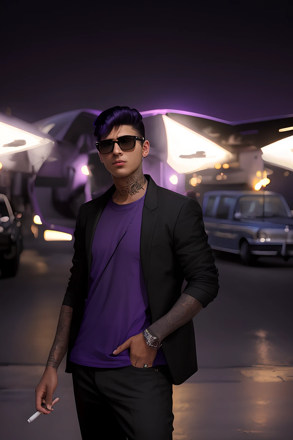 arafed man in a purple shirt and black jacket smoking a cigarette, concept art like ernest khalimov, taken with canon 5d mk4, inspired by Randy Vargas, tony sandoval. 8 k realistic, cinematic ligting, anton fadeev 8 k, taken with sony alpha 9, portrait shot 8 k, hyperealistic octane render, photo from a promo shoot, sharp nose