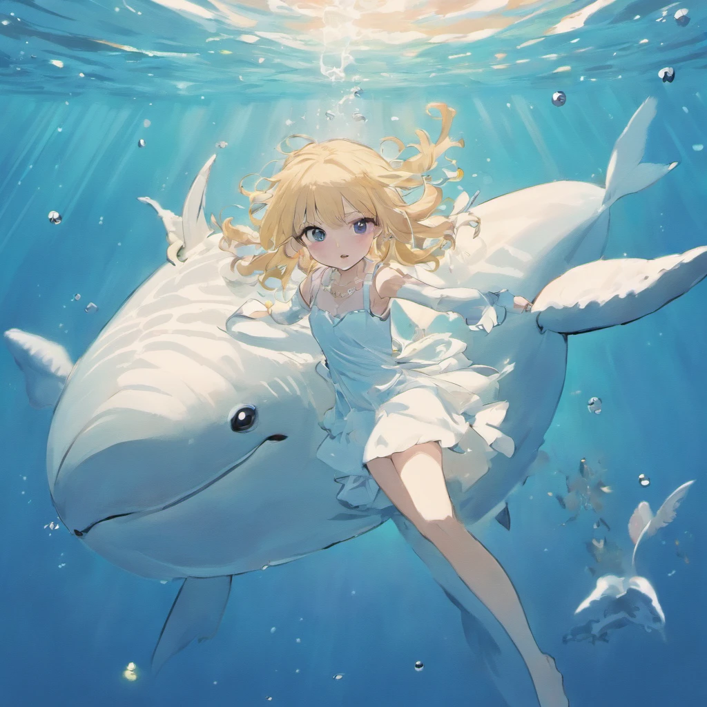Illustration:Girl in white clothes sits sideways on top of a whale,A whale flew out of the face, Bubbles around the surface of the water rise slowly,Oblique sunlight, prime time,in a panoramic view,