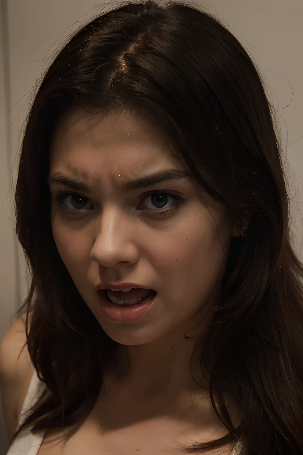 A scared girl wears unbuttoned shirt, flat chest, lying on the sofa, looks very enjoyable, horror movie style, looks depressing, high quality, ultra-detailed, crazy details, 4K