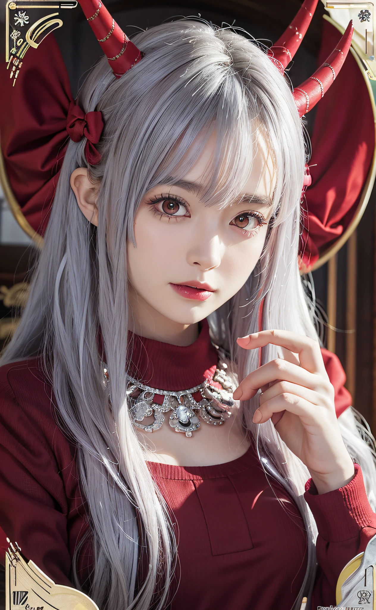 (masutepiece, Best Quality, Cute detailed wallpapers), (hight resolution, Ultra-detailed, Beautiful), (masutepiece, Best Quality), the illustration is detailed, Many decorations, Upper body, From above, One female, 18 years old, Glowing red eyes, silver white hair, (, Two-tone mesh hair) Black sweater with open chest, Two horns, Devil's Tail, Demon Costume、kawaii pose、
