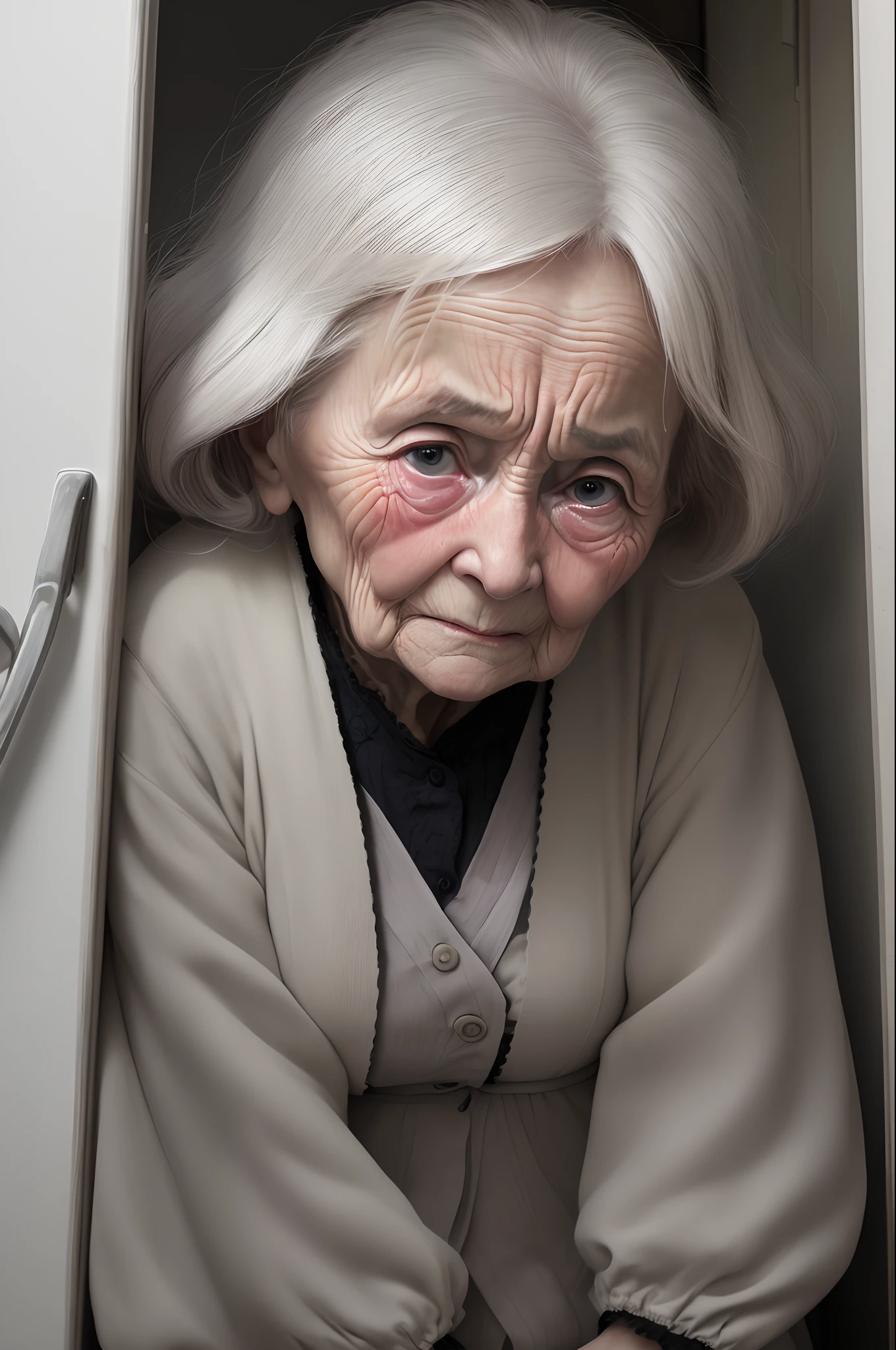 Picture a scene with the shriveled little old woman approaching the pretty child, essayant de lui faire des risettes et des sourires, while the frightened child struggles. The little old lady could be depicted with deep wrinkles, sans dents et sans cheveux, to show your age, et l'enfant pourrait avoir un air de surprise et de crainte.

Vous pourriez choisir des couleurs douces pour l'enfant, Maybe pastel shades, pour contraster avec les couleurs plus sombres de la vieille dame. Be sure to express the old woman's despair by showing her tears and loneliness in a dark corner of the room.