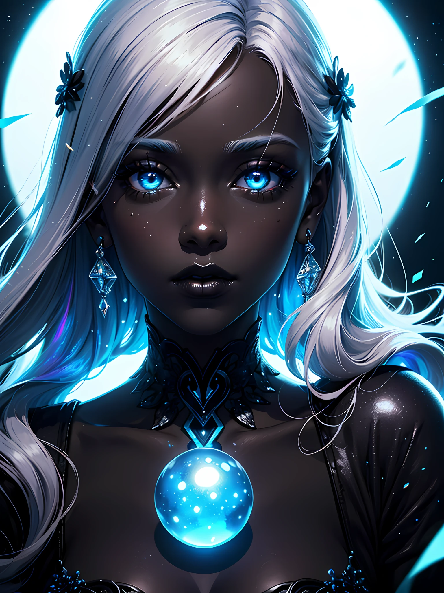 ((perfect whole body)), ((ultra photorealistic)), Top quality, ((Photorealistic)), 8K, High Definition, Unity 8K wallpaper, high res, ultra sharp, ((masterpiece)), best quality, ((intricate details)), (((detailed eyes))), (((perfect face))) (((detailed face))), masterpiece, highly detailed exquisite character art, melancholy lighting, ((cinematic light)), ultra-realistic, female goddess of glass, shattered glass, intricate design, neon iridescent clothing, plastic, neon glitter, confetti, (((black skin))), black complexion, (dark complexion), dark skin, neon blue eyes, white hair with light blue highlights, white lipstick, glass ball, glass orb, blue earrings, deity, neon lights, glass particles, white eyelashes,