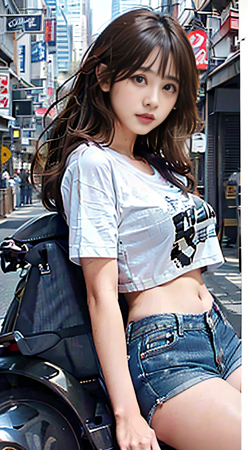 Original image quality, offcial art, top-quality, tmasterpiece, 超A high resolution, (Photorealsitic:1.4), RAW photography, ((Super realistic details)), porate, globalillumination, black shadows, octan render, 8K, ultrasharp, 1girl in, young 17 years old, The blonde, (long hair flowing with the wind), detailed face portrayal, shiny lip, Tsundere and playful look, (Low-rise denim shorts), (Thin white cropped T-shirt:1.4), Colossal tits, (Exposed bust), Big breasts Thin waist, (akira motorcycle:1.4), (riding motorcycles), natta, cyberpunk city landscape, Ultra-detailed CG image quality,Bokeh background,