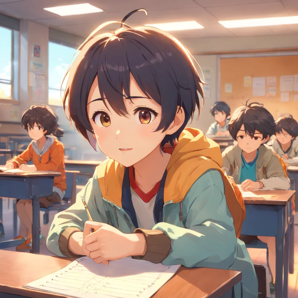 Very cute little boy cartoon character, Classroom, Watch the teacher tell stories with friends, illusory engine, warmly lit interior, art  stations, Detailed digital painting, Cinematic, character  design：Mark Reiden、Pixar and Hayao Miyazaki, Unreal 5, daz, Hyperrealistic, Octane rendering