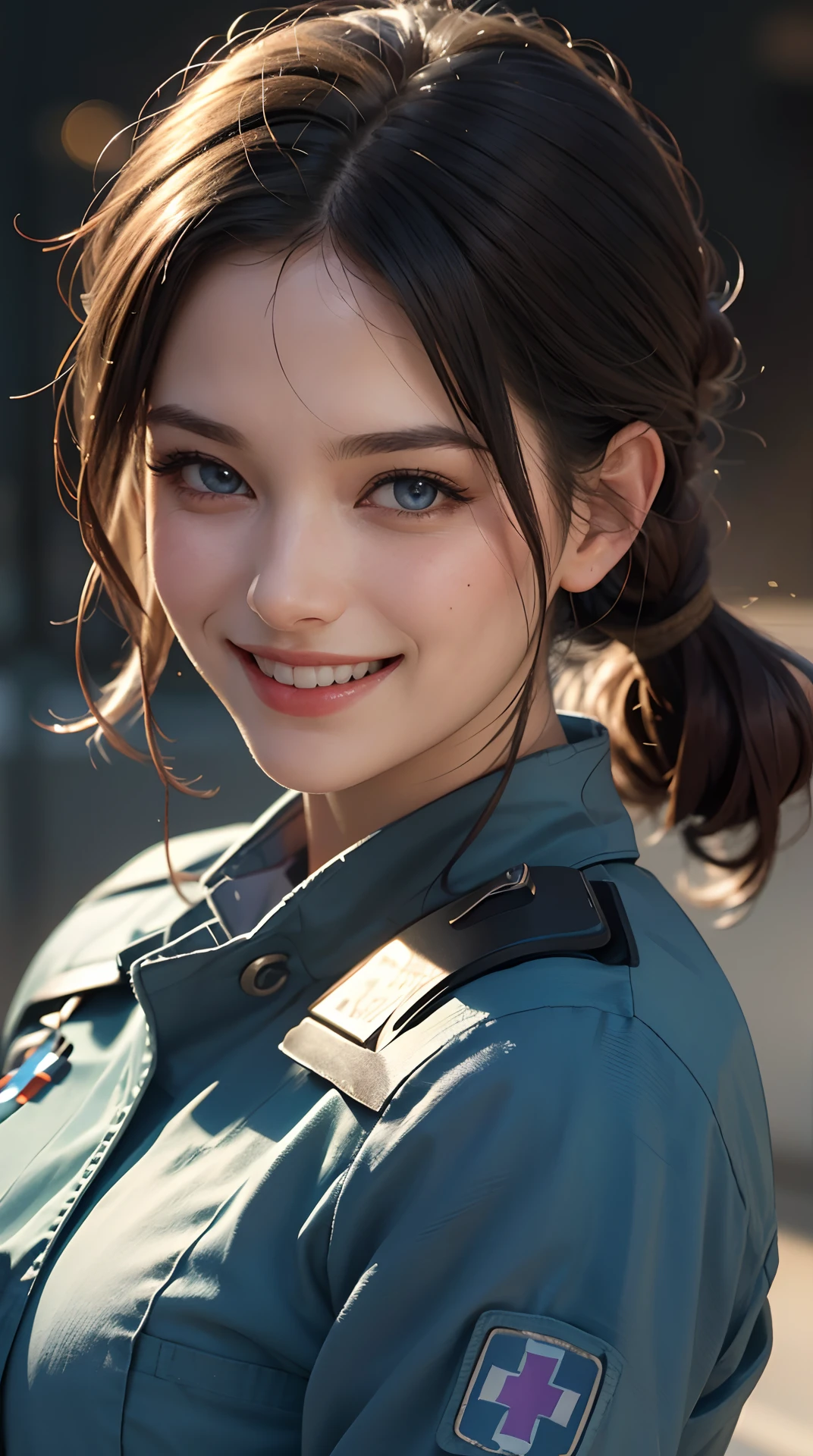 (best quality,4k,8k,highres,masterpiece:1.2), ultra-detailed, (realistic,photorealistic,photo-realistic:1.37), (beautiful detailed eyes, beautiful detailed lips, extremely detailed eyes and face), studio lighting, physically-based rendering,vivid colors, (big tits, super big tits, super extra big tits:0.8), (combat medic uniform:1.5), (soft lighting:0.8), (portrait, smile and laugh:1.5),