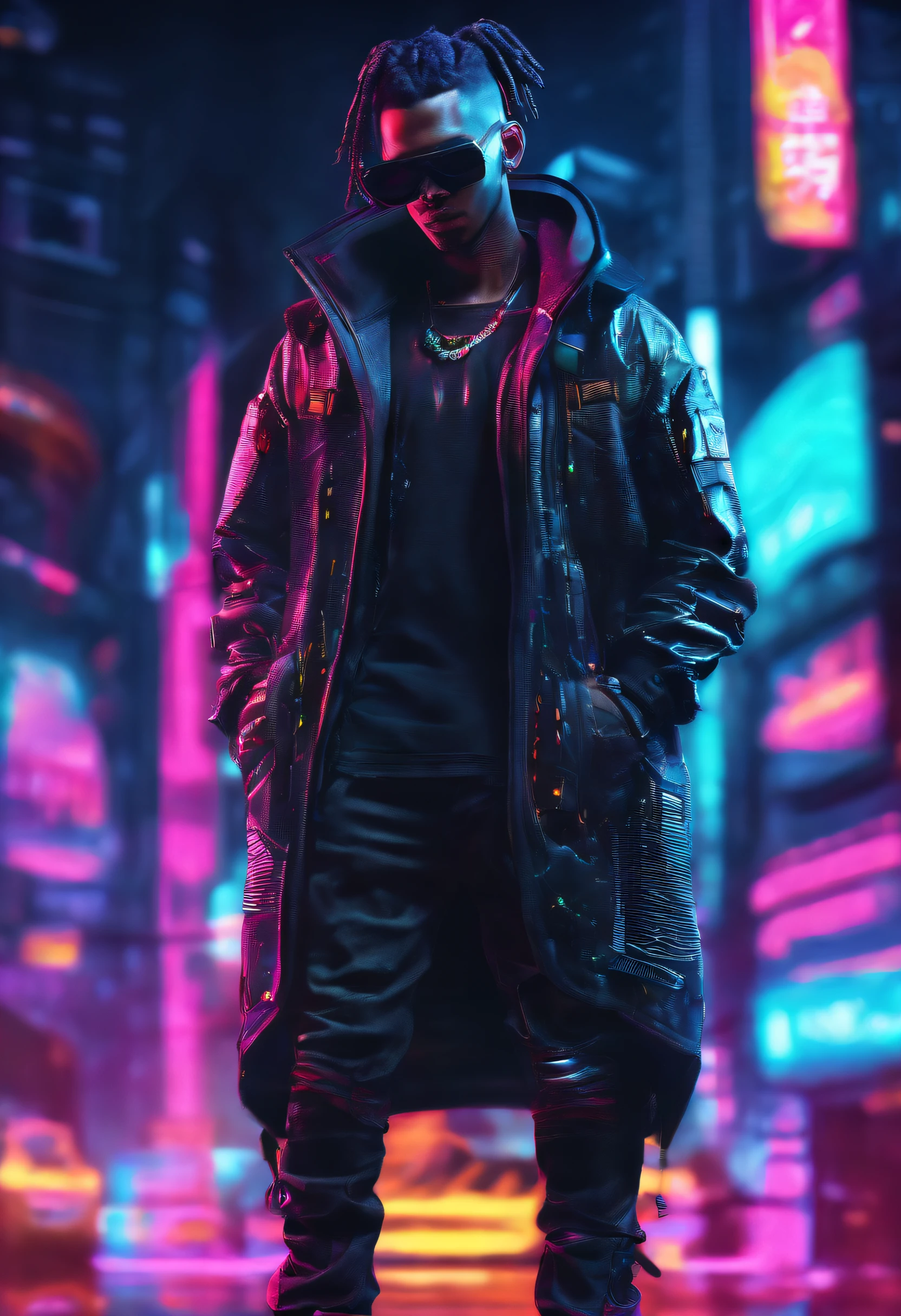 ((masculine)), ((1boy)), black dreadlocks, brown skin, black eyes, cowboy shot, ((ultra detailed neon cyberpunk futuristic city )), detailed and intricate ((cyberpunk city streets background)), featuring high-tech holographic projections and sleek architecture, (highly detailed photo realistic), sharp focus, ultra high quality, vibrant, (symmetrical detailed face:1.7), toned, masterpiece, (cinematic lighting), smoking weed, ((cyberpunk 2077 inspired)