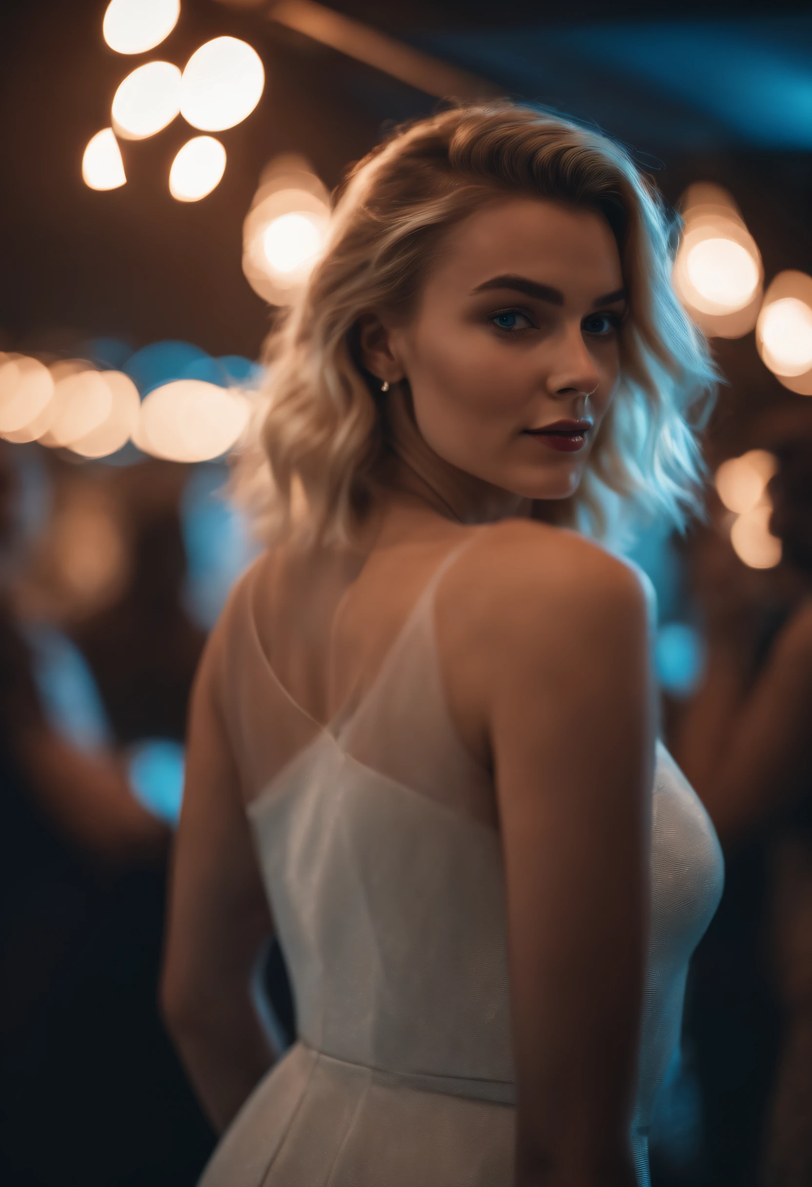 realistic white female instagram influencer, best quality, blonde, 1 girl, blue eyes, modern dress, to club,dancing