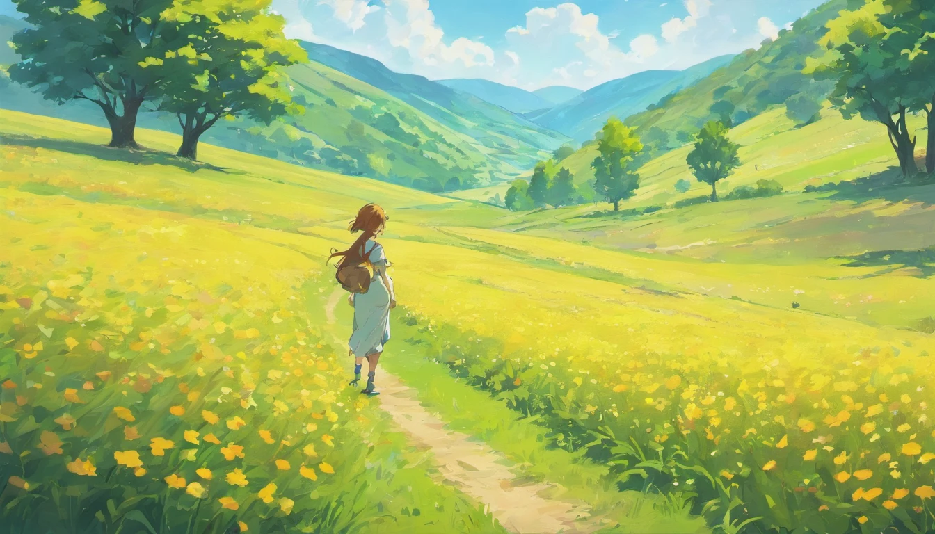 There is a painting of a country road with flowers and trees, A girl walks with her dog，a digital painting by JoWOnder, shutter inventory, Digital art, lush countryside, Landscape illustration, Valle exuberante, Valle encantador, arte de fundo, anime countryside landscape, beautiful summer landscape, lush scenery, painted landscape, Dreamy landscape, National landscape, flowing hills, beautiful english countryside, English countryside，Close-up