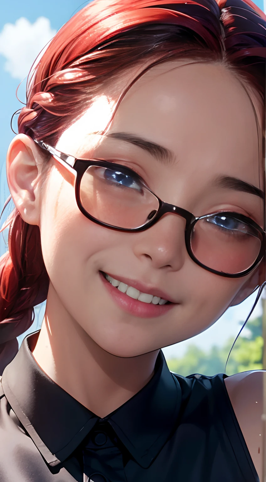 Dramatic lighting, deep shadows, natural colours, extreme close up portrait, head only, young asian girl, braided red hair, wet skin, sweaty skin, dribbles of sweat on face, detailed blue eyes, glasses, smiling, laughing mouth wide open, gasping, shouting, cheers out, face, morning
