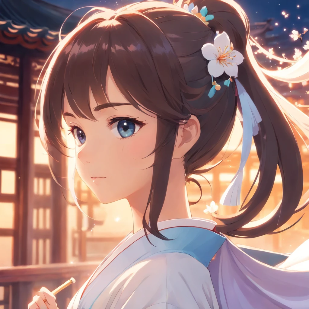 Close-up of a person with a ponytail A girl in a hanfu white hanfu