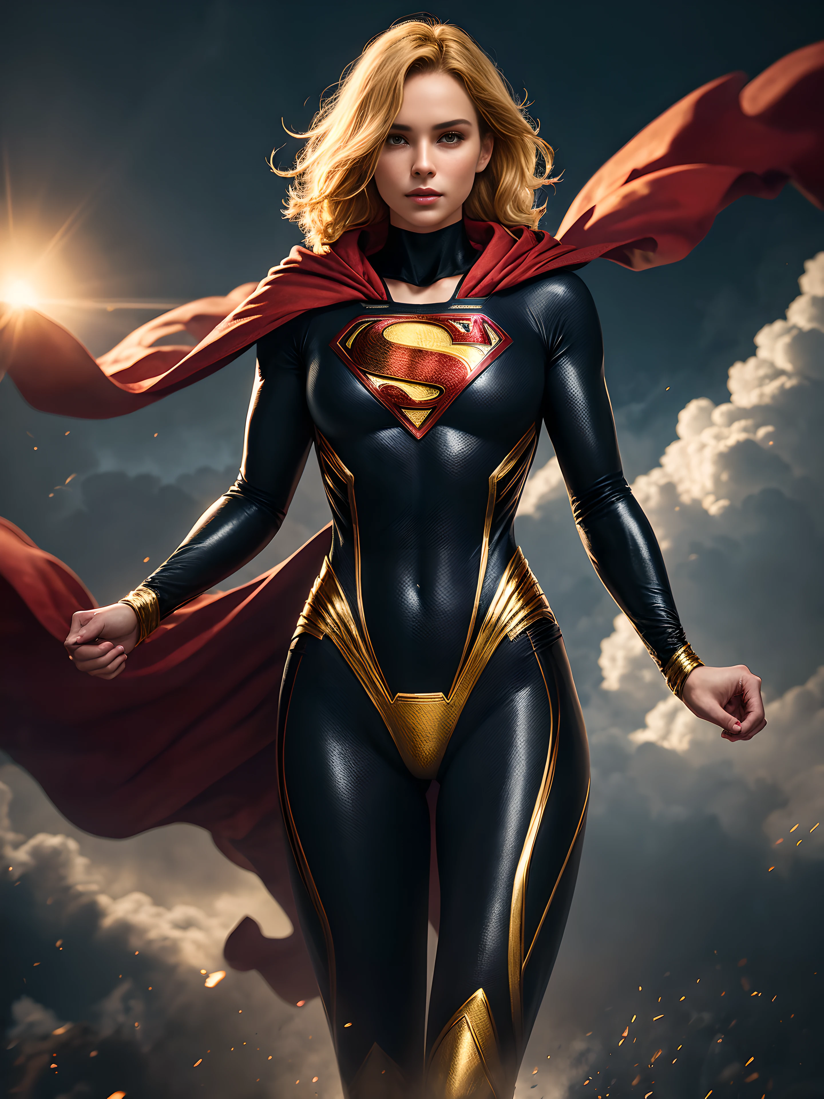 A 27-year-old girl with golden hair in an elaborate black long-sleeved Superman suit, covering the whole body, Red Flowing Cloak, Black Superman Costume, Suit with red carbon fiber details, flying in the sky, thigh gap, (intricate details:0.9), (HDR, hyper-detailing:1.2), (natural skin textures, hyper realisitc, Sharp)
