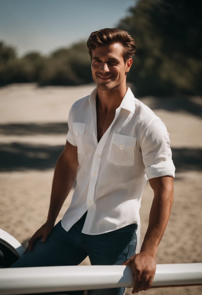 Joven blanco, bronceado, etnia europea, pelo corto, rubio, ojos azules, hermosa mirada, fuerte, musculoso, con una camisa color blanco abierta, guapo, impresionantemente realista, en la playa, frente al agua.