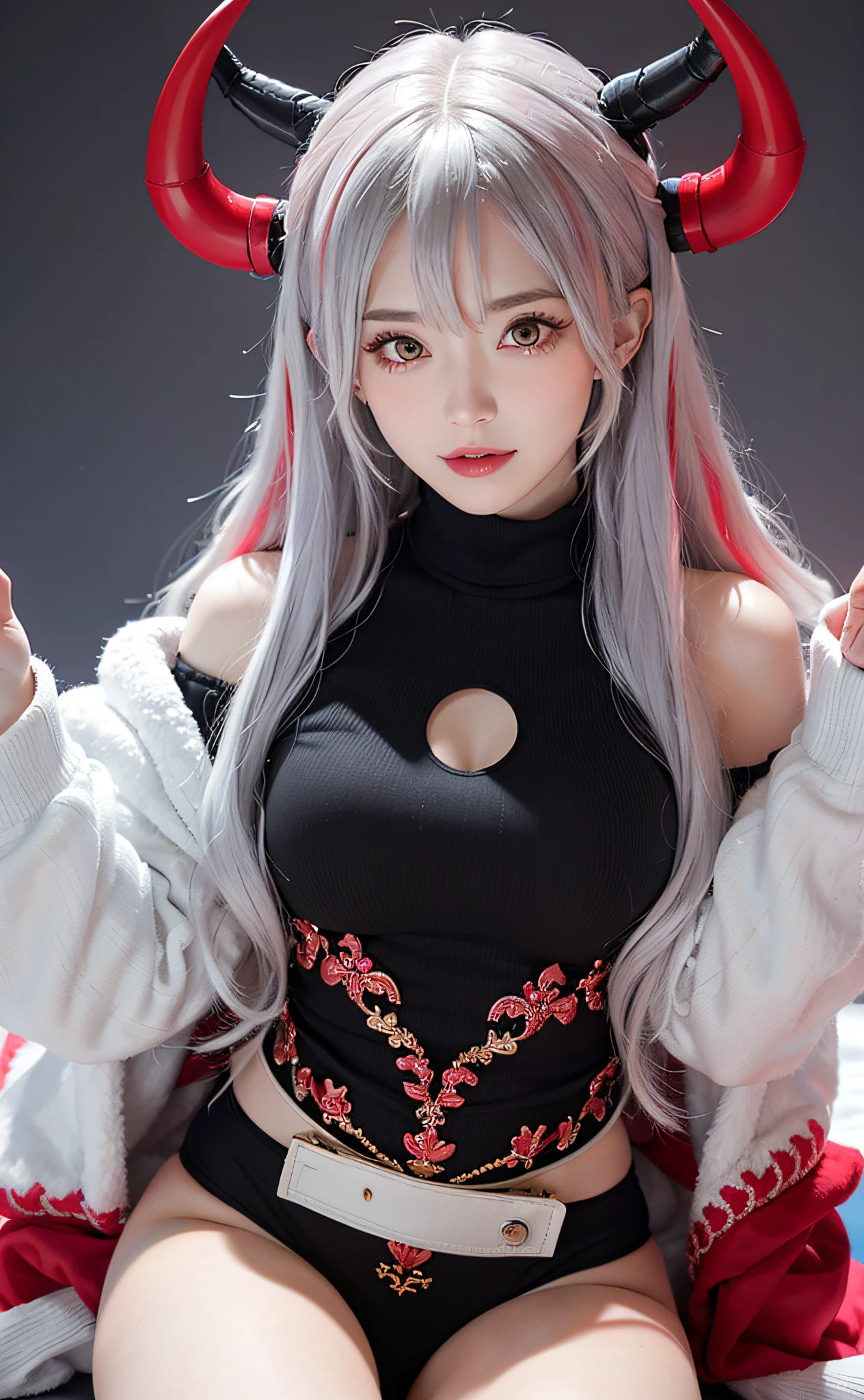 (masutepiece, Best Quality, Cute detailed wallpapers), (hight resolution, Ultra-detailed, Beautiful), (masutepiece, Best Quality), the illustration is detailed, Many decorations, Upper body, From above, One female, 18 years old, Glowing red eyes, silver white hair, (, Two-tone mesh hair) Black sweater with open chest, Two horns, Devil's Tail, Demon Costume、kawaii pose、
