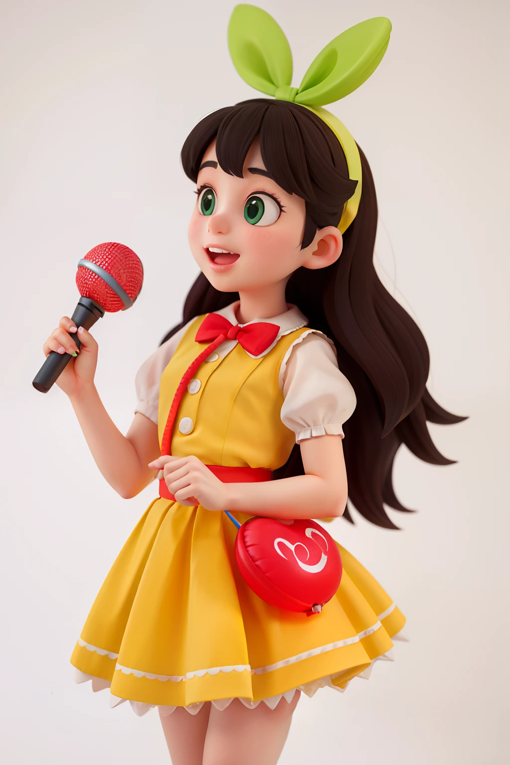 No quintal com piso de terra, There is a child girl with dark hair and brown hair, em um vestido tipo Xuxa, singing standing on top of a wooden crate as if it were the stage, holding a spiky green lemon on a stick as if it were a microphone, estilo de pintura super realista