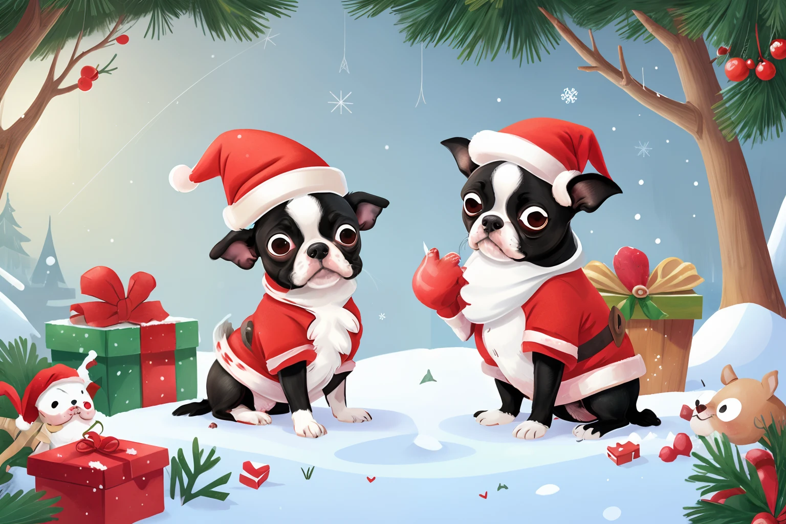 boston terrier in a santa costume, snow, snowflakes Santa workshop, outside in snow, cartoon, t shirt graphic,