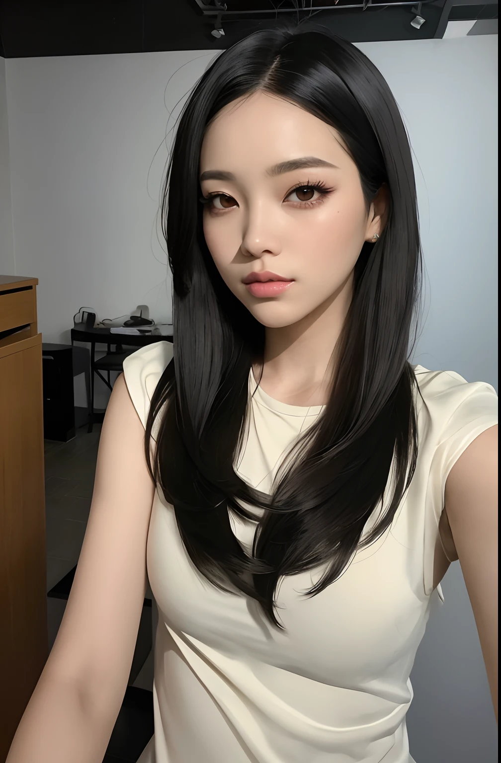 There is a woman who is posing for a photo in a room, Fotografia selfie 8k, branco hime corte penteado, Mulher sul-coreana bonita, Ilya Kuvshinov com cabelo longo, Jaeyeon Nam, Asian girl with long hair, Ulzzang, com cabelos longos, Jisoo do Blackpink, com cabelo preto liso, Sui Ishida com cabelo preto