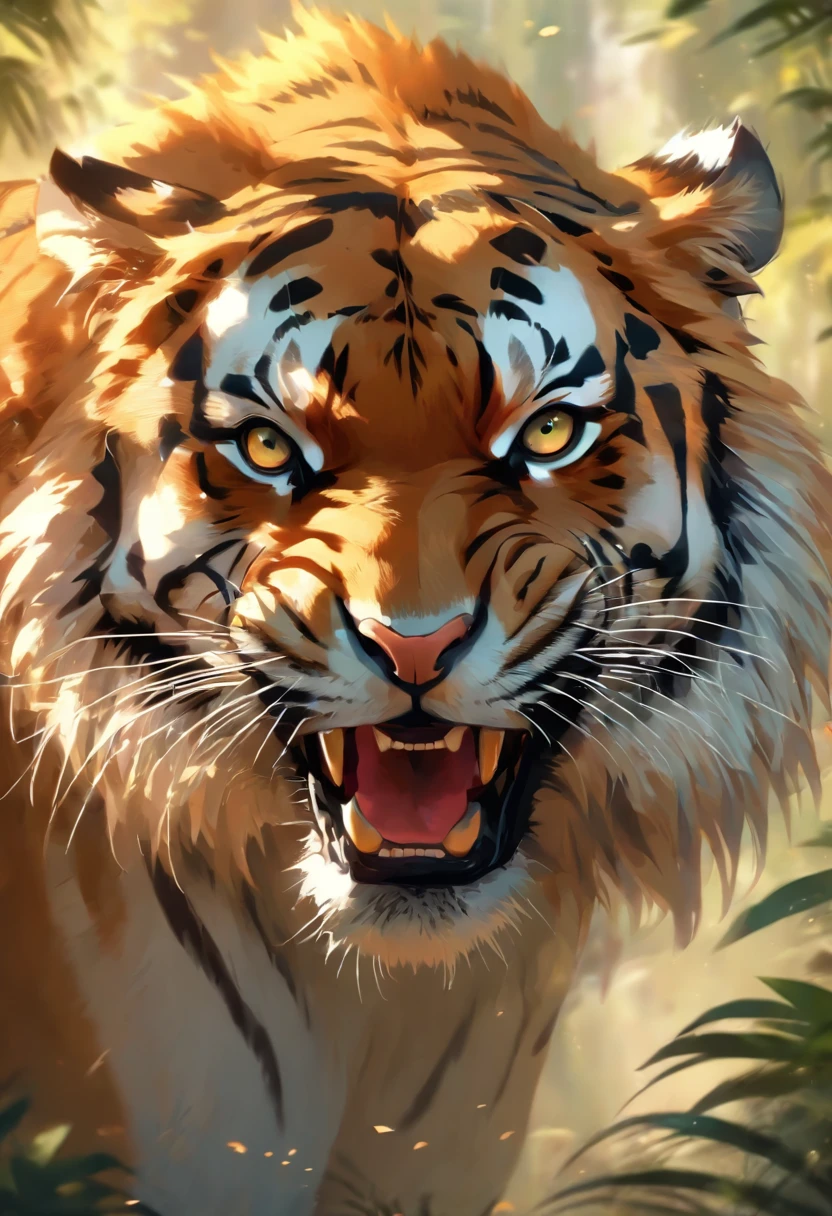 best quality,4k,8k,highres,masterpiece:1.2,ultra-detailed,realistic:1.37,ferocious tiger roars,strikingly vibrant stripes,intense gaze,mesmerizing amber eyes,rippling muscles,huge powerful claws,sinewy body,undoubtedly king of the jungle,stunningly textured fur,lush tropical jungle background,dappled sunlight filters through the trees,stunning wildlife portrait,attention-commanding presence,awe-inspiring strength,fierce and majestic,roaring with authority,loud reverberating sound,primal display of dominance,raw power and beauty,artistically captured moment,exquisite detailing on every whisker and hair,photorealistic rendering,expertly created digital illustration,vivid colors and contrast.