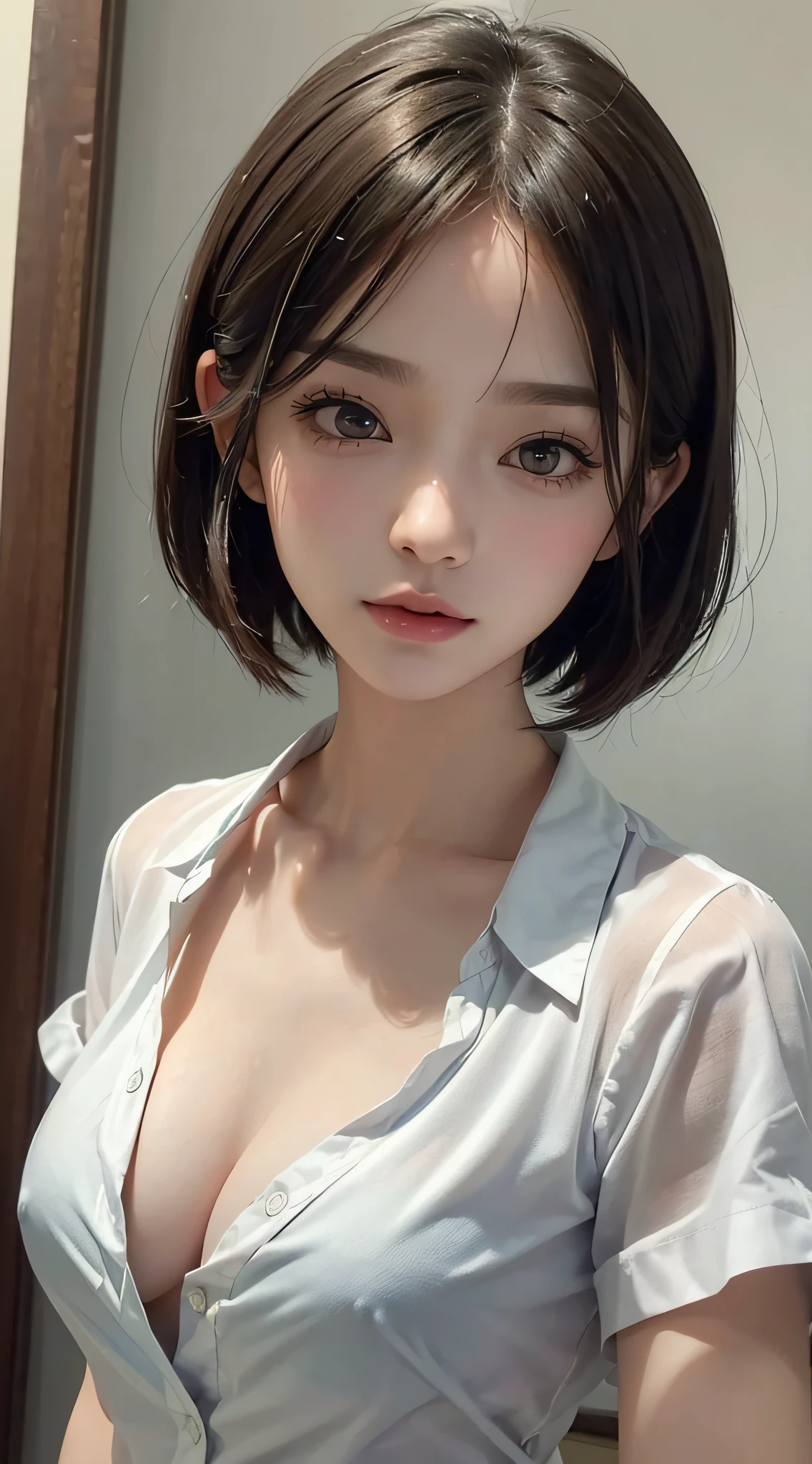 (a closeup:1.4)、(RAW Photography:1.2)、(Photorealsitic:1.4)、(masterpiece:1.3)、(top-quality:1.4)、one girls、(Slender and beautiful girl)、(FULL BODYSHOT)、独奏、cute little、(buttoned shirt、open-shirt:1.2)、see -through、no-bra、Beautiful collarbone、(large full breasts:1.2)、beauty breast、(cleavage of the breast)、(beautiful nipple slips)、(Short Bob:1.2)、Look at viewers、Light smile、makeup、obscenity、erotick、