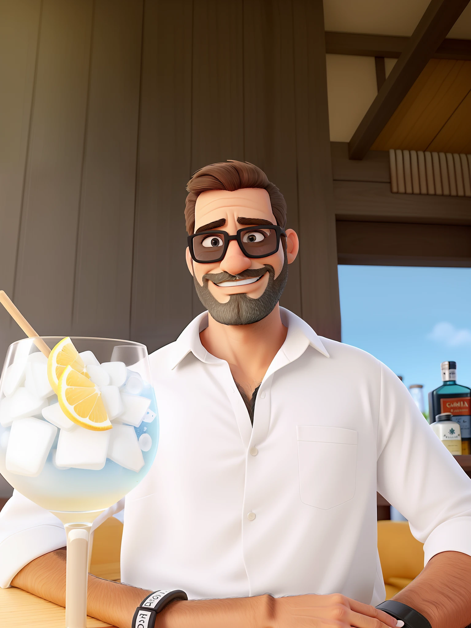 Um homem de 42 anos, barba curta castanha e branca, cabelo castanho e branco, bonito, numa esplanada a beber um gin