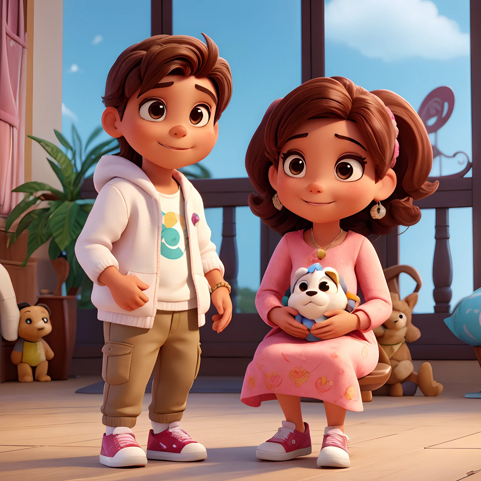 Fazer 1 homem e uma mulher, abracados pessoas detalhado, apaixonados, cores vibrantes e textura com baloes, universo disney PIXAR com cores vibrantes, texturas, mulher de 33 ano, brasileira, cabelo moreno claro, tamanho comprido e solto, vestindo um vestido rosa, usando brincos em tom prata, colar, pulseira e anel. On his left hand he wears a wedding ring. olhos castanho escuro. On her foot is wearing a beautiful white sneaker, on her lap is her dog Lhasa Apso breed, cor creme e sorridente e segurando uma bolinha de cachorro com homem loiro, 33 anos sem barba, usando relogio e abrancando a mulher