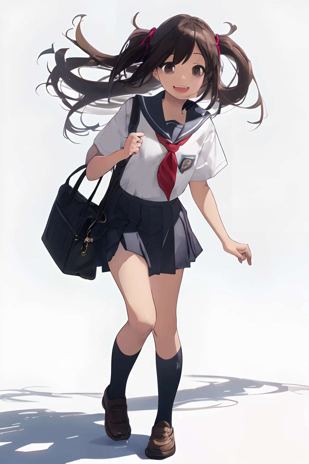 1 girl, standing up straight, facing camera, happy, white background, school clothes, brown hair, no bag, no socks, shoes, good anatomy, high quality, high res, white background, perfectly lit
