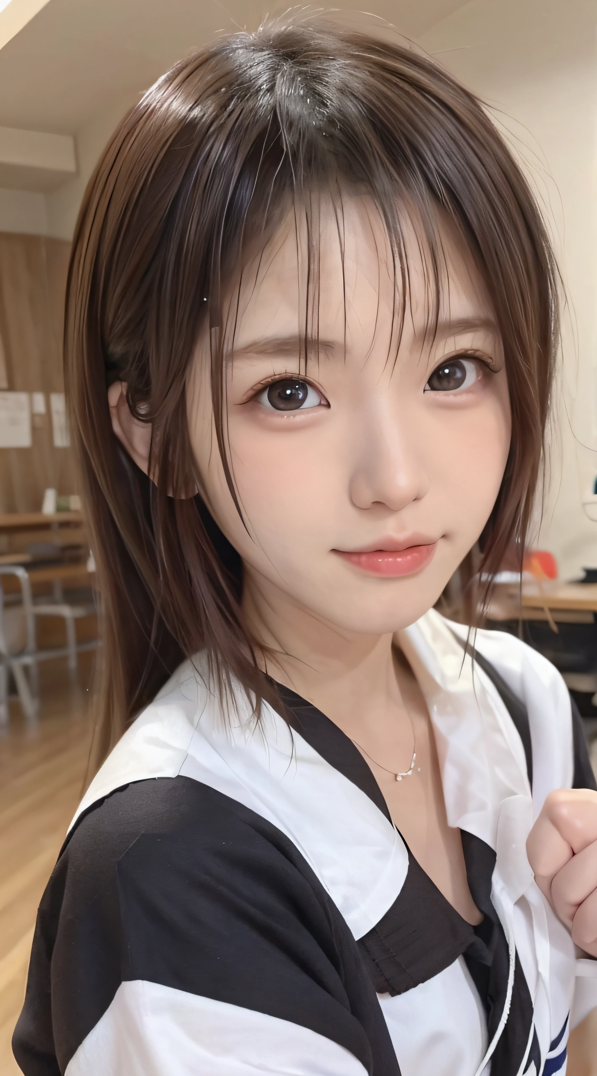 ars、brown haired、beautidful eyes、real looking skin、hi-school girl、a sailor suit、small tits、(8K、masterpiece)、(reallistic、Photorealsitic)、top-quality、ighly detailed、The ultra-detailliert、Beautie、cute little、japanes、Idol、a smile、Close-up portrait、Healthy face