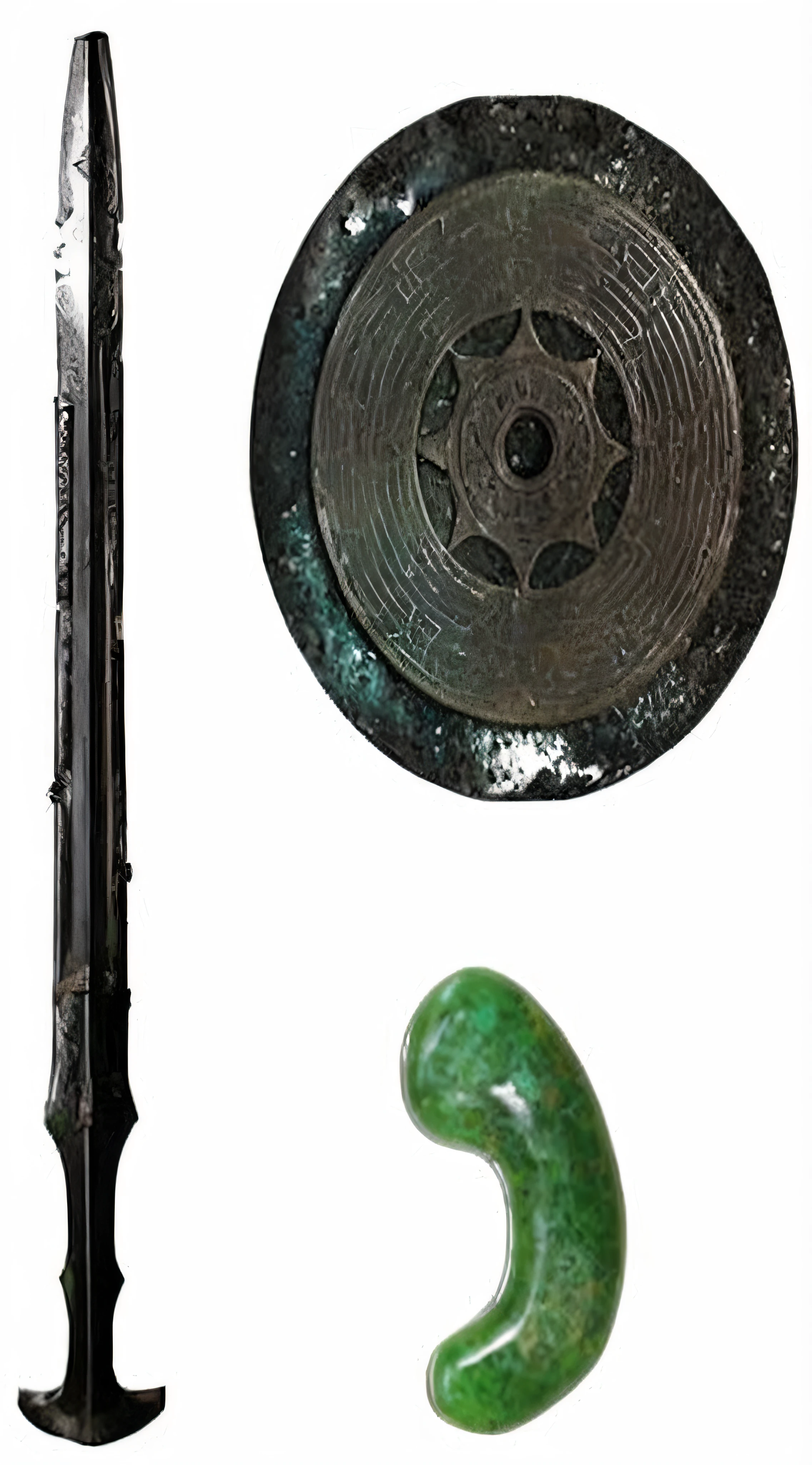 a close up of a metal object with a green object on it, scales made of jade, (exotic artifacts), exotic artifacts, with dong son bronze artifacts, ornate korean polearm behind her, lot of details, various items, dongson bronze artifacts, holding scale and holding sword, style of guo hua, chinese, mu pan, jade, gujian