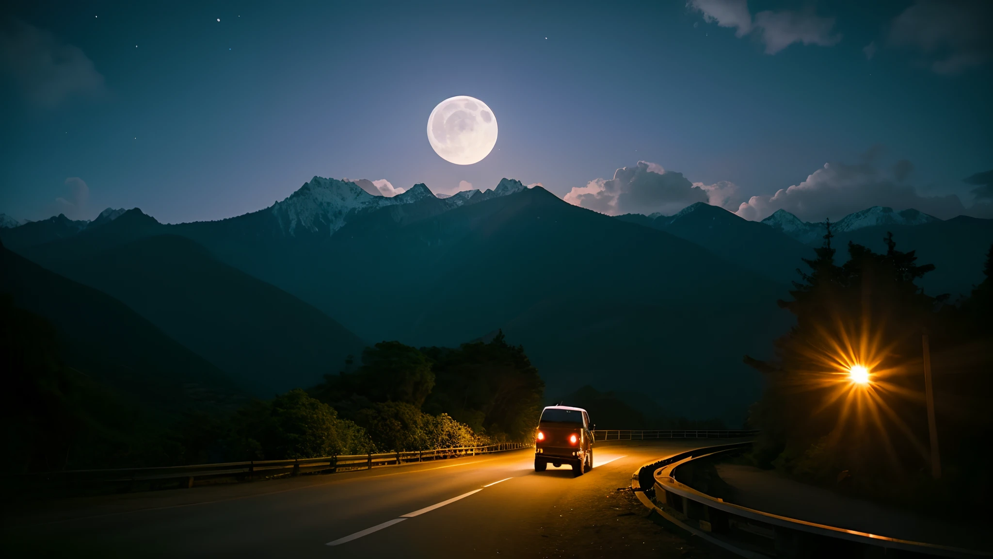 A very large full moon to the right of the night。A magnificent wind as the mountain road turns to the left