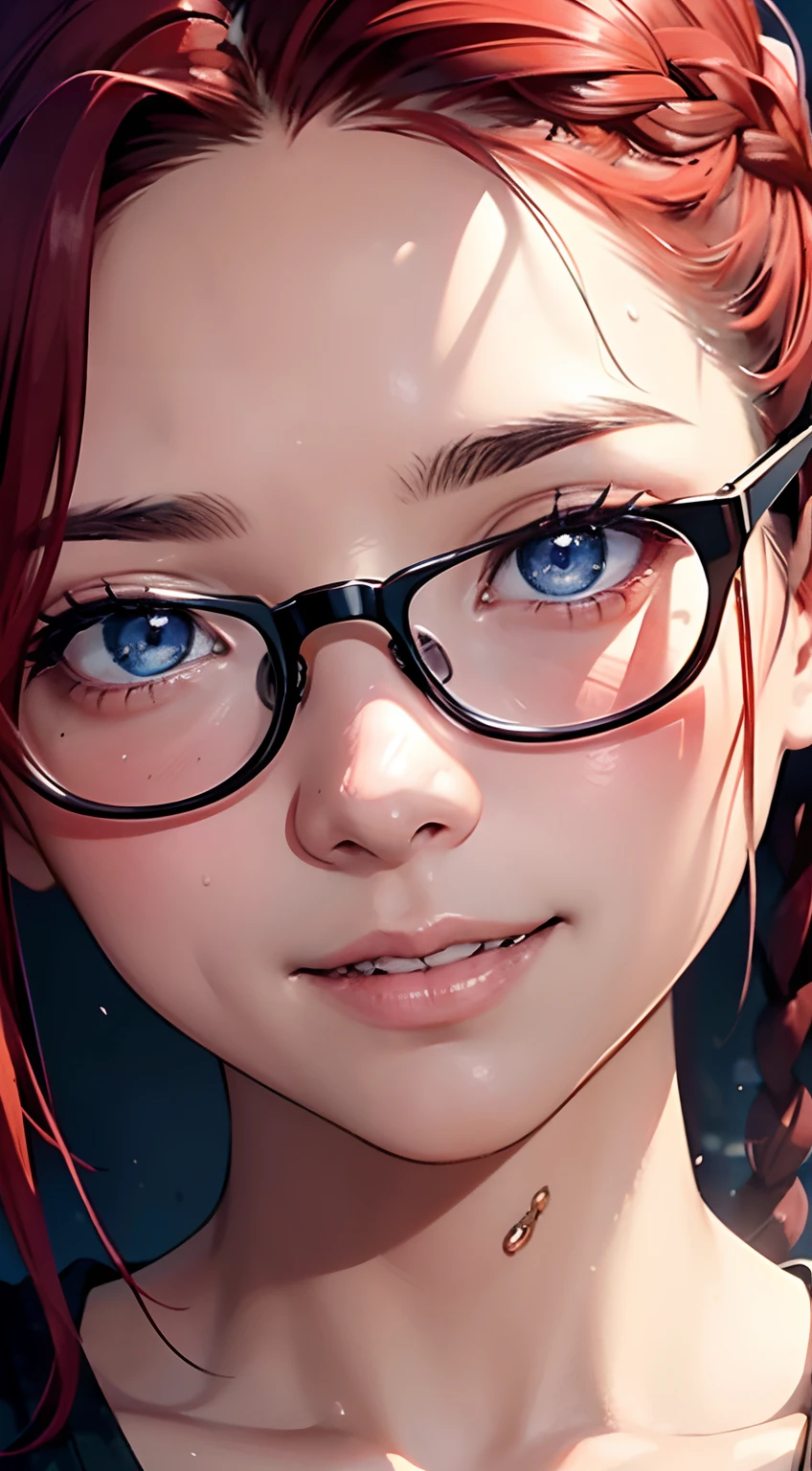 highest quality、Realistic、woman、Japanese、zoom、cute、Ocean、Cobalt blue eyes、Red Hair、Long twin tails、Swimwear、Face close-up、thin、Small breasts、smile、Glasses