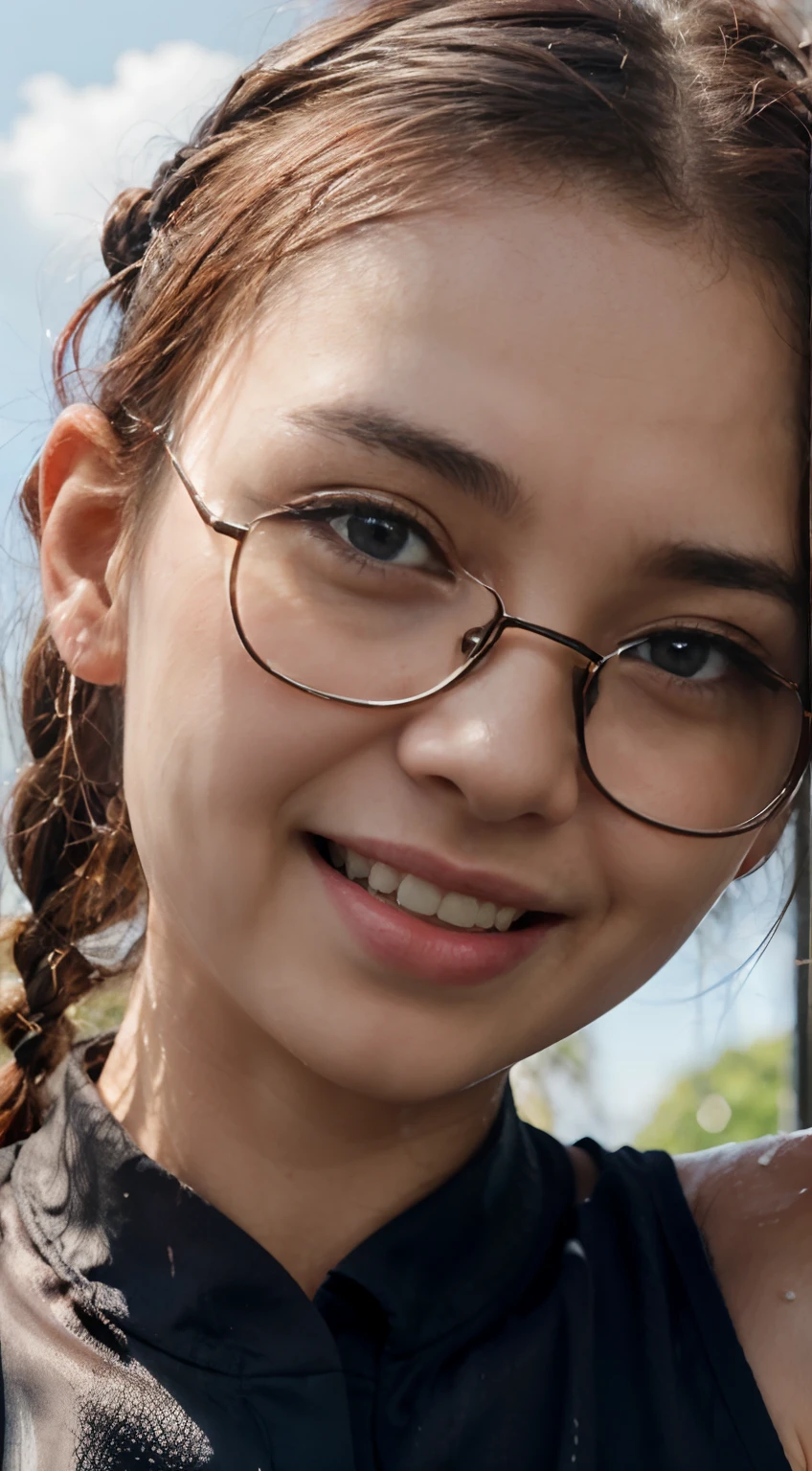 Dramatic lighting, deep shadows, natural colours, extreme close up portrait, head only, young asian girl, braided red hair, wet skin, sweaty skin, dribbles of sweat on face, detailed blue eyes, glasses, smiling, laughing mouth wide open, gasping, shouting, cheers out, face, morning