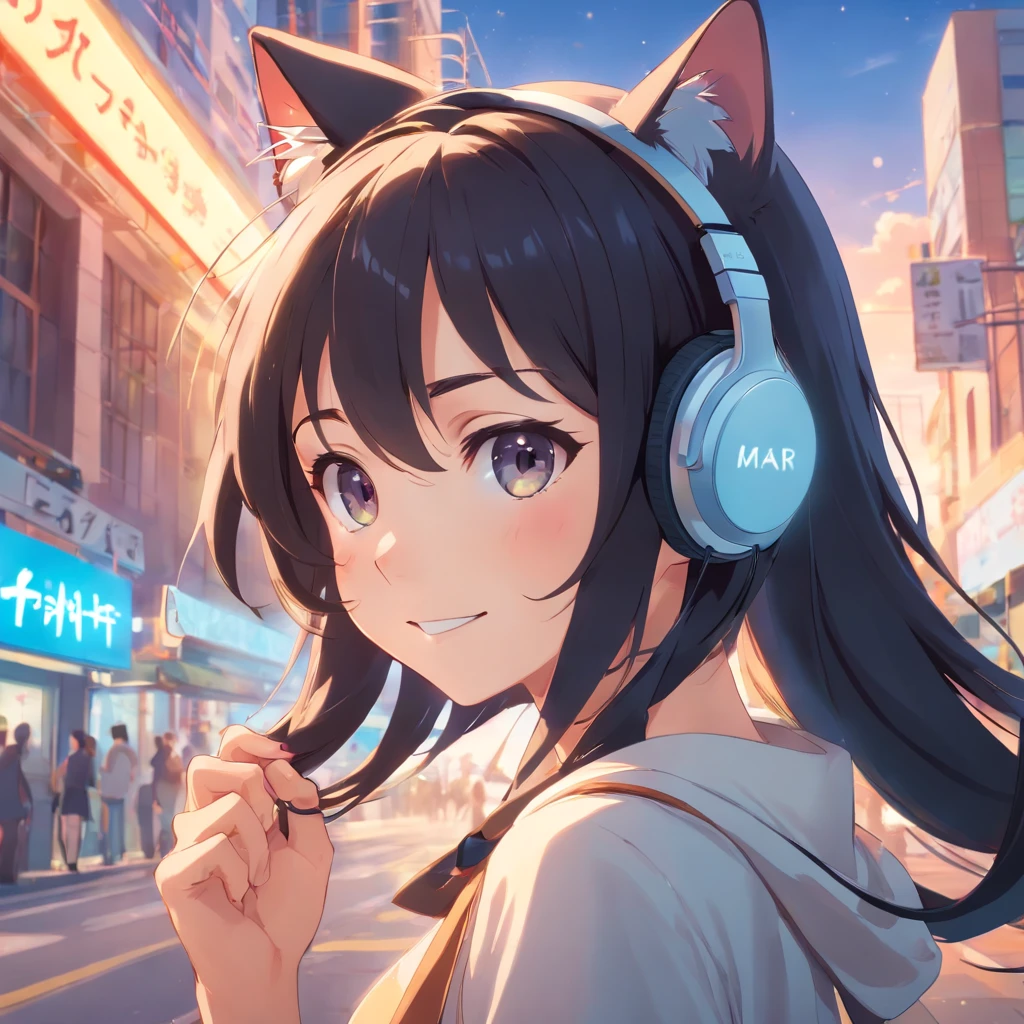 black hair, hair bow, wide eyes, cat ear headphones, grin, character chart, first-person view, lens flare, Classicism, UHD