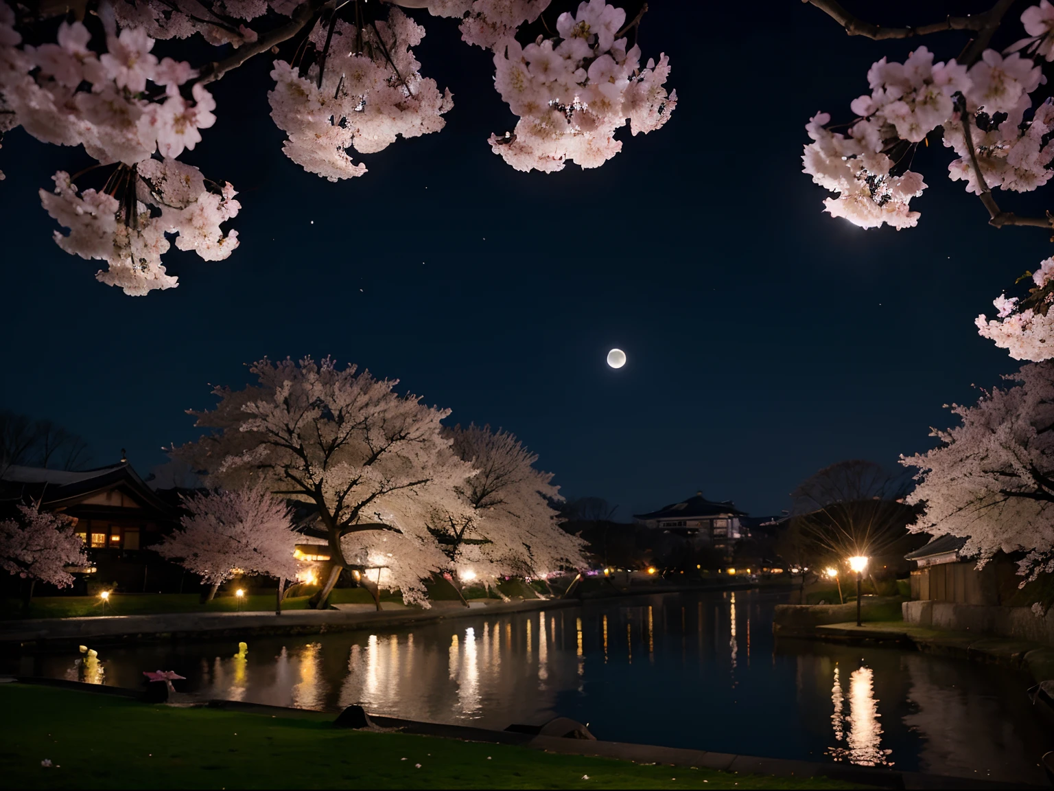 Cherry blossoms illuminated by moonlight。white petals。