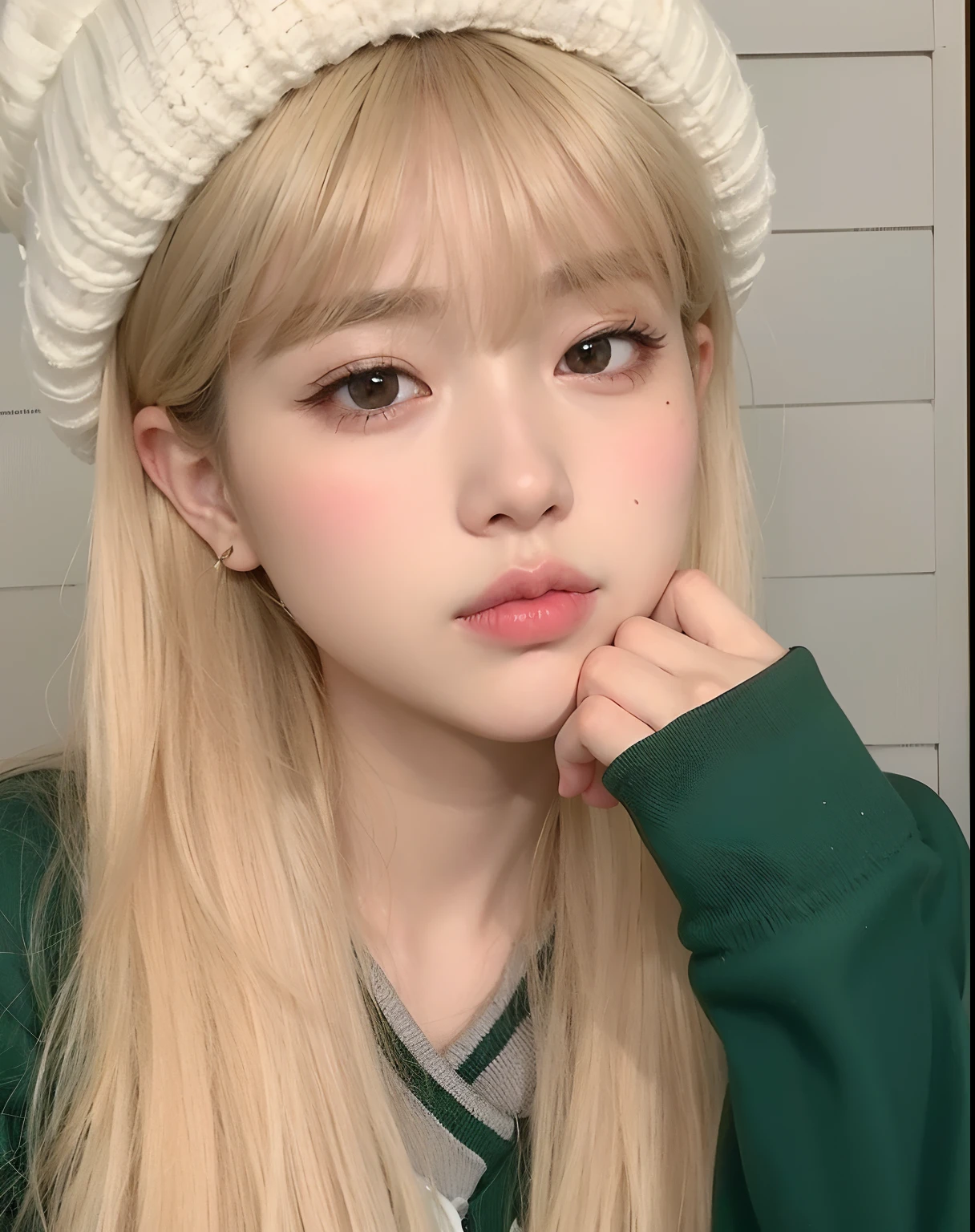 Araffe girl with long blond hair wearing a white hat, Ulzzang, Lalisa Manobal, young adorable korean face, Lalisa Manoban do Blackpink, wan adorable korean face, Parque Roseanne do Blackpink, bonito rosto de anime natural, menina coreana, beautiful aesthetic face, kawaii retrato realista, rosto redondo macio, maquiagem sul-coreana popular, pale round face